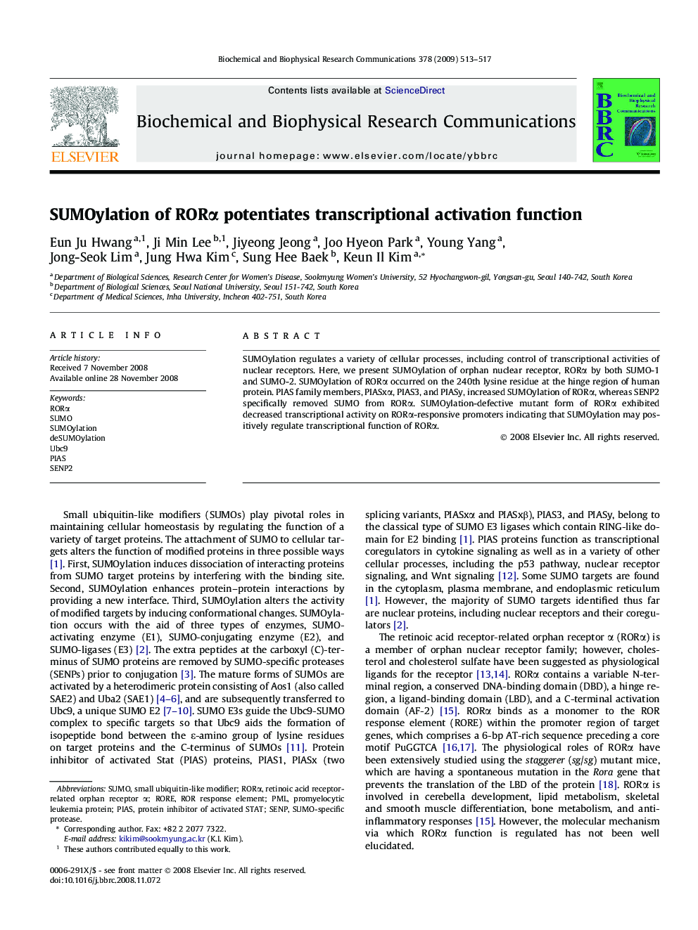 SUMOylation of RORα potentiates transcriptional activation function