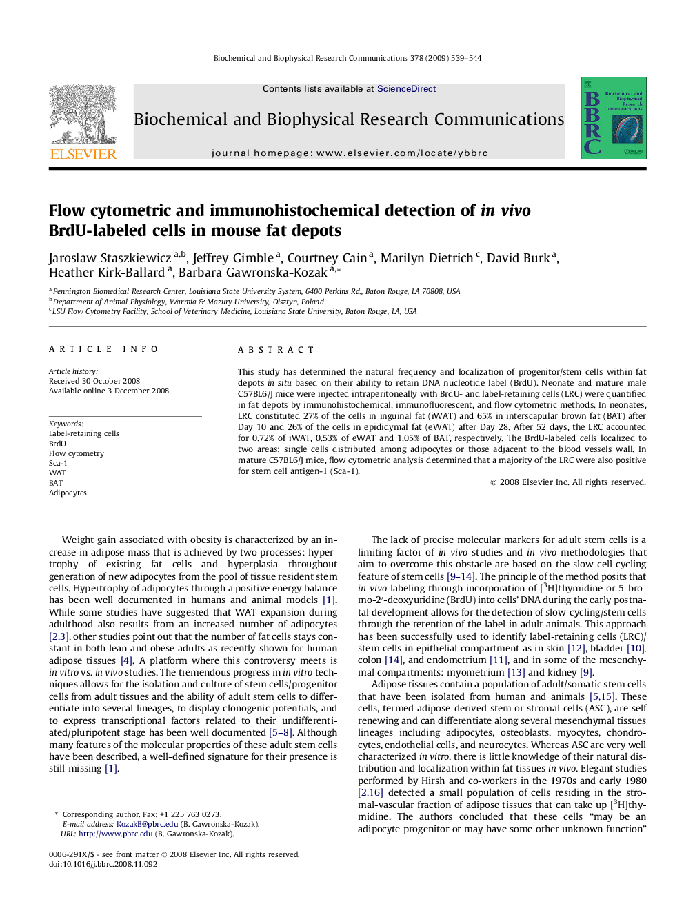 Flow cytometric and immunohistochemical detection of in vivo BrdU-labeled cells in mouse fat depots