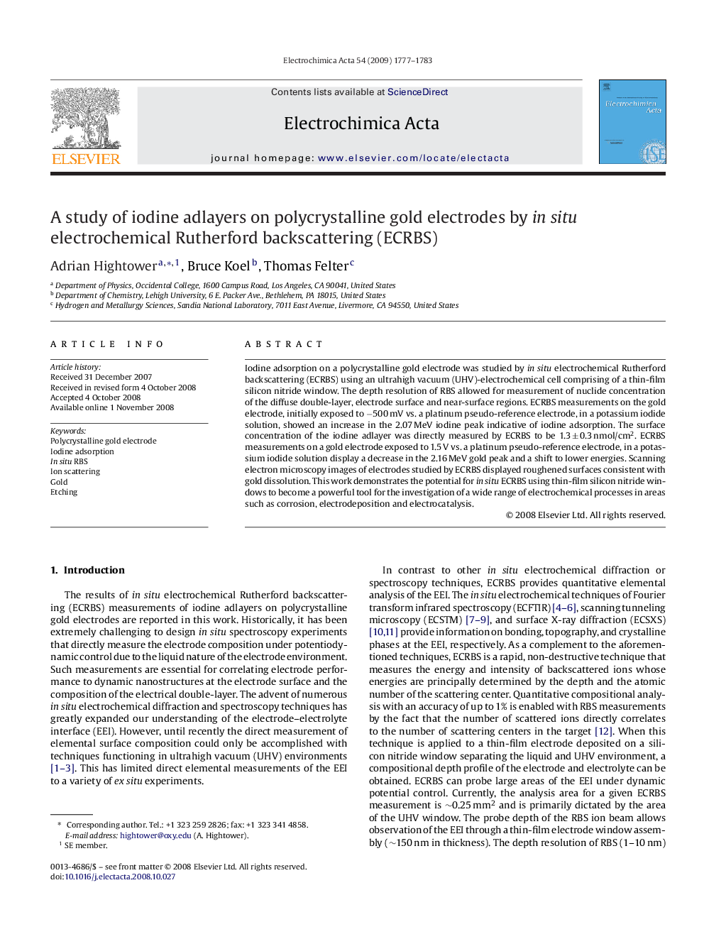 A study of iodine adlayers on polycrystalline gold electrodes by in situ electrochemical Rutherford backscattering (ECRBS)