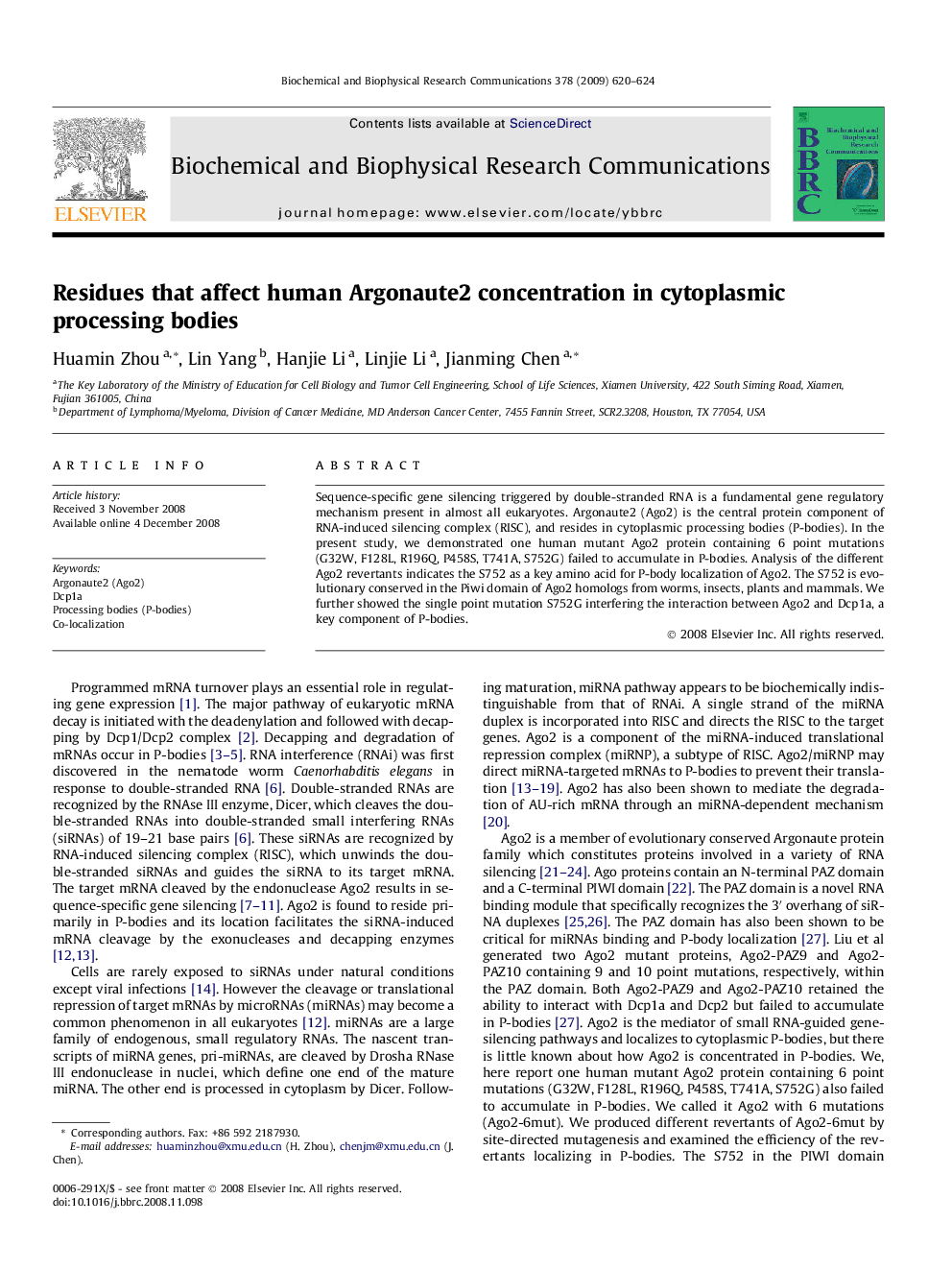 Residues that affect human Argonaute2 concentration in cytoplasmic processing bodies