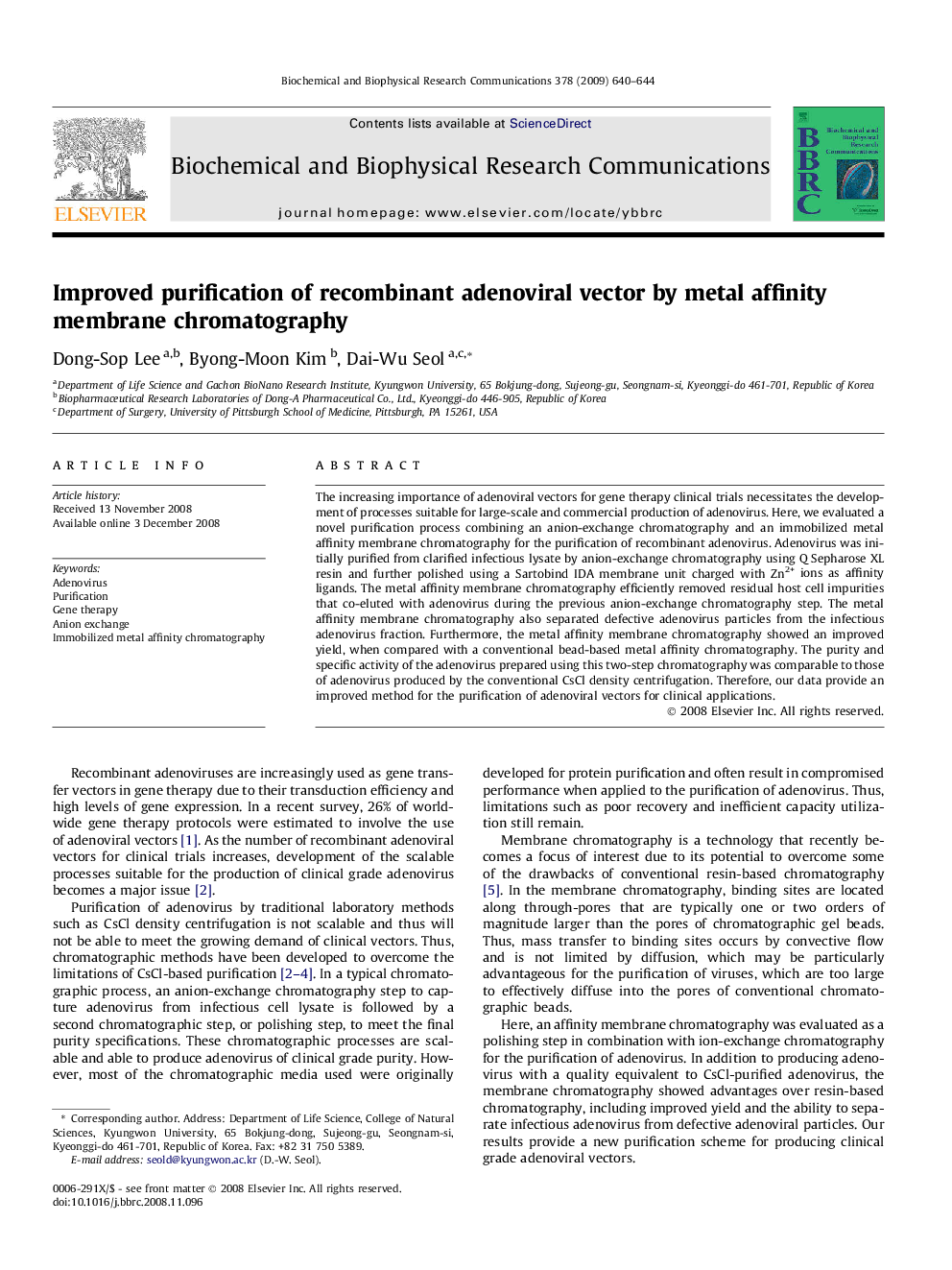 Improved purification of recombinant adenoviral vector by metal affinity membrane chromatography