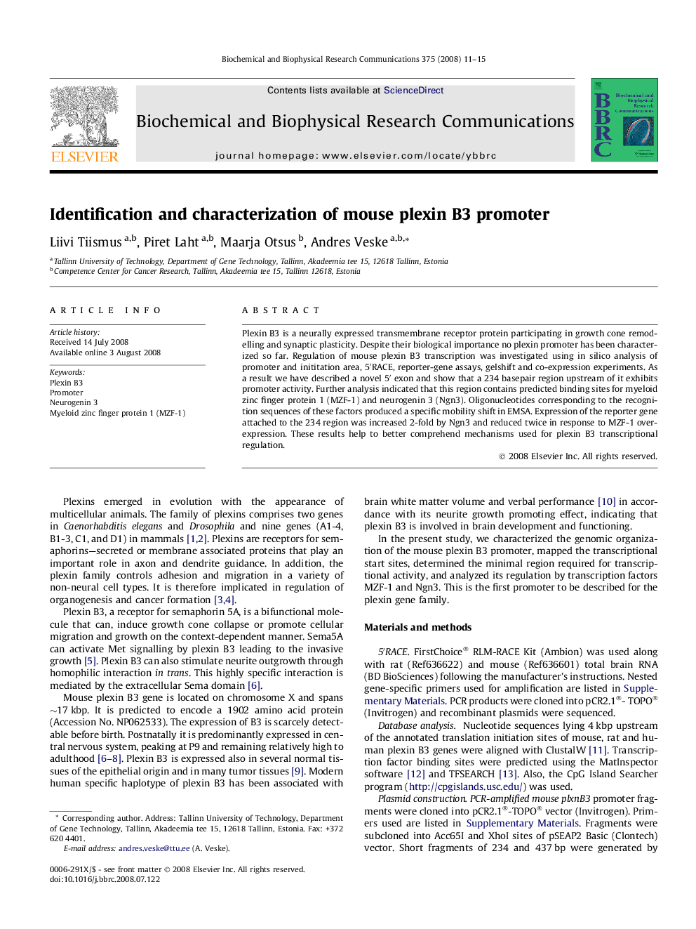 Identification and characterization of mouse plexin B3 promoter