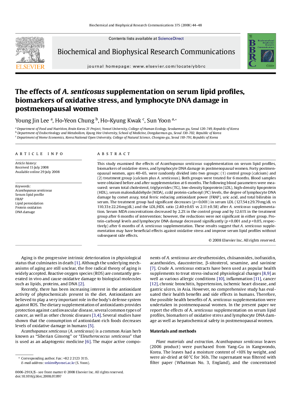 The effects of A. senticosus supplementation on serum lipid profiles, biomarkers of oxidative stress, and lymphocyte DNA damage in postmenopausal women