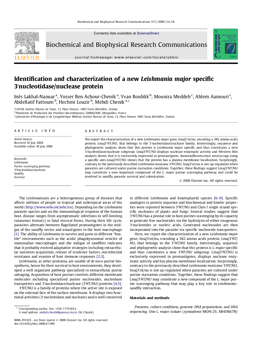 Identification and characterization of a new Leishmania major specific 3′nucleotidase/nuclease protein