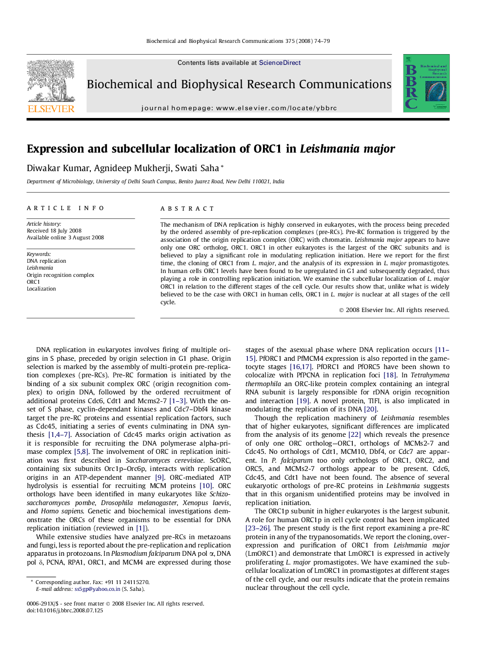 عکس صفحه اول مقاله: Expression and subcellular localization of ORC1 in Leishmania major Expression and subcellular localization of ORC1 in Leishmania major