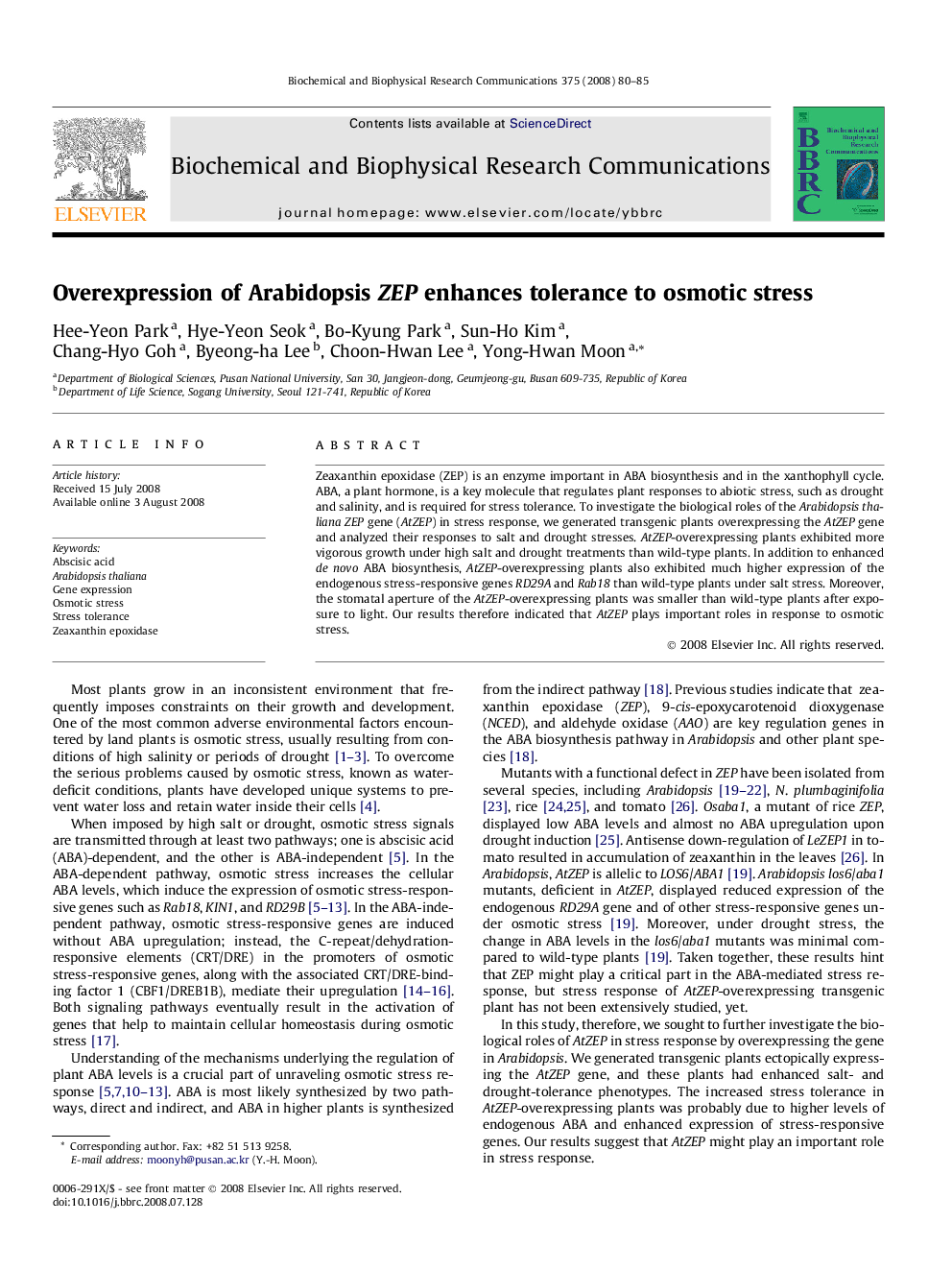 Overexpression of Arabidopsis ZEP enhances tolerance to osmotic stress