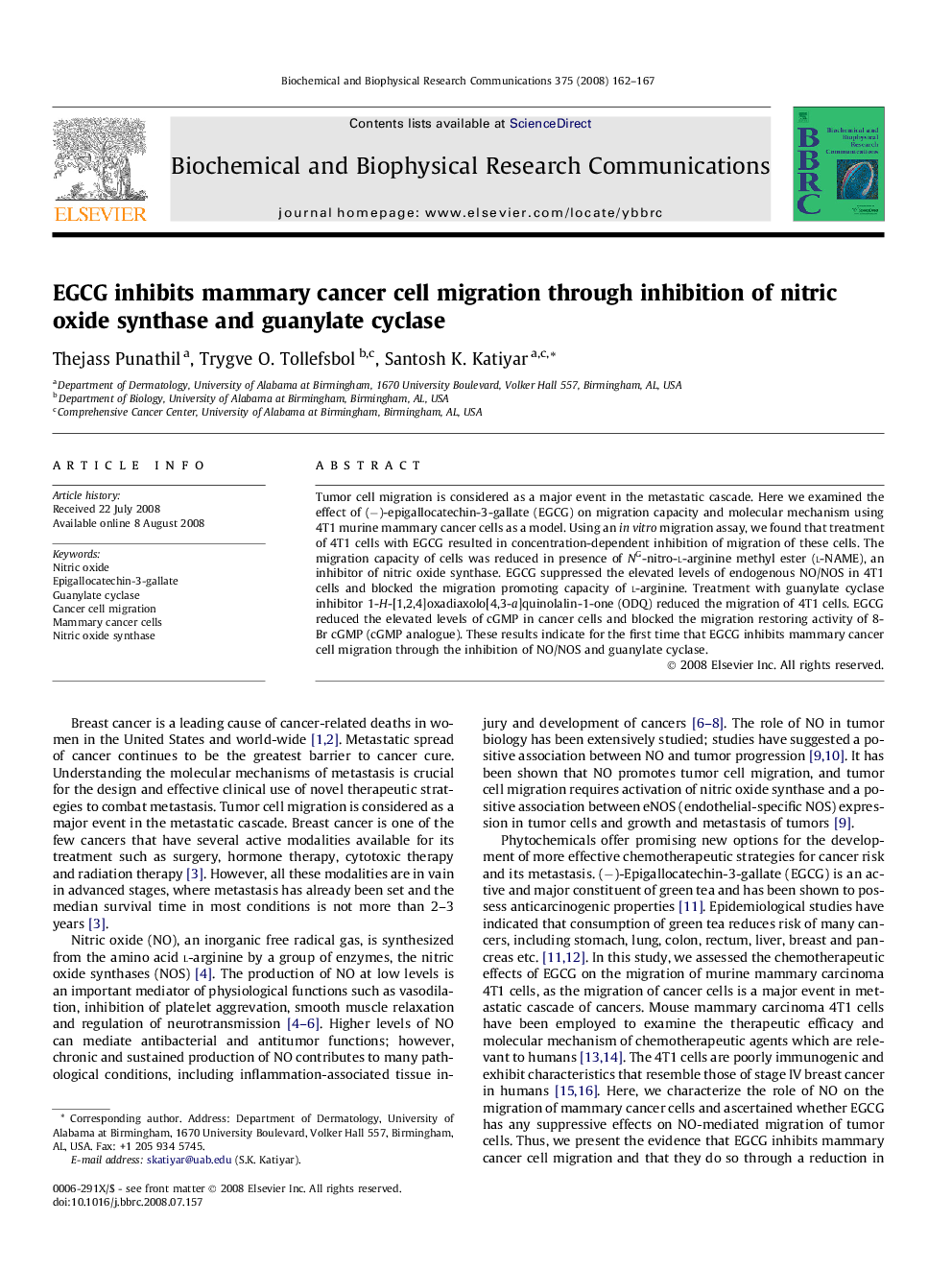 EGCG inhibits mammary cancer cell migration through inhibition of nitric oxide synthase and guanylate cyclase