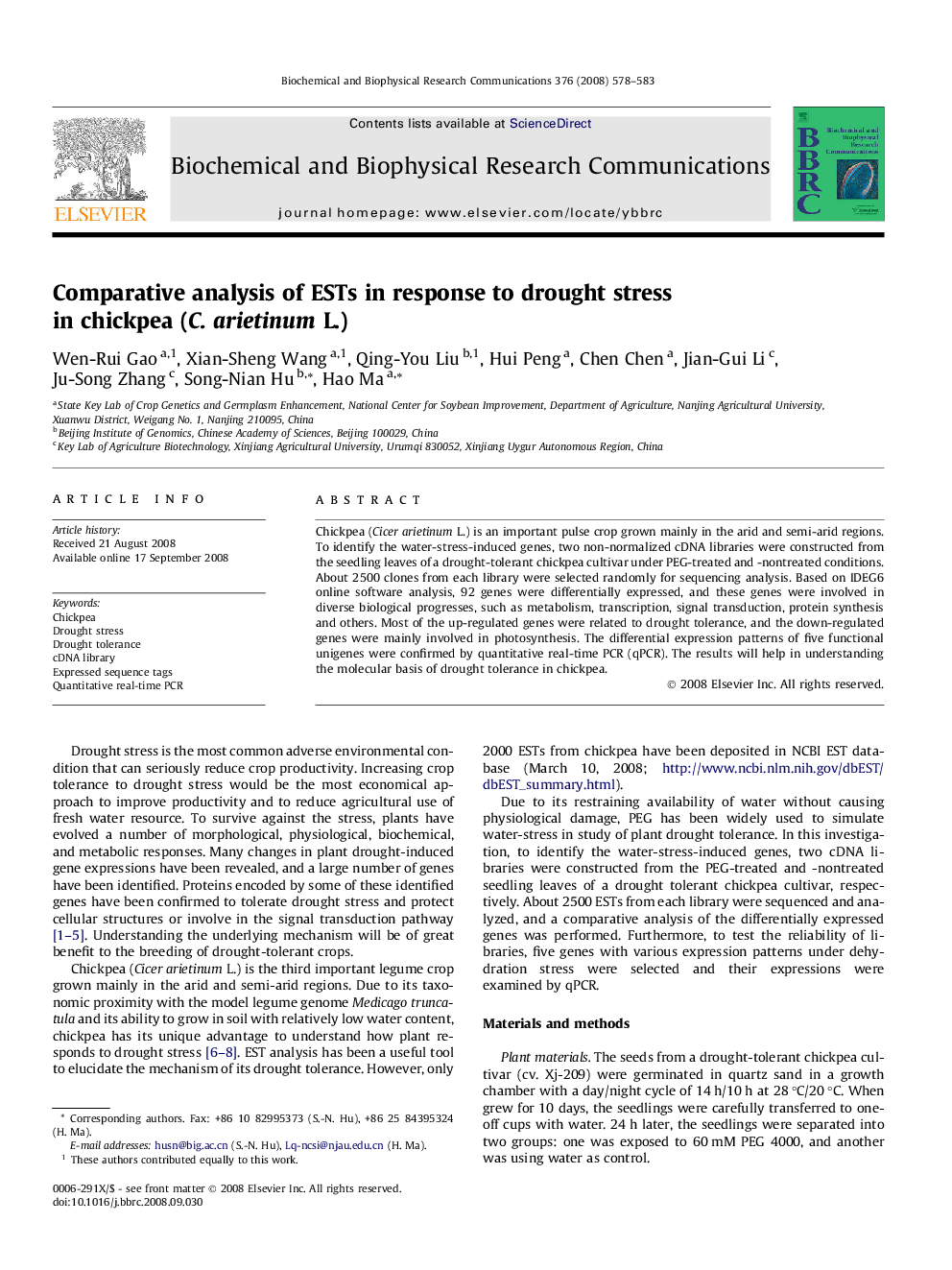 Comparative analysis of ESTs in response to drought stress in chickpea (C. arietinum L.)