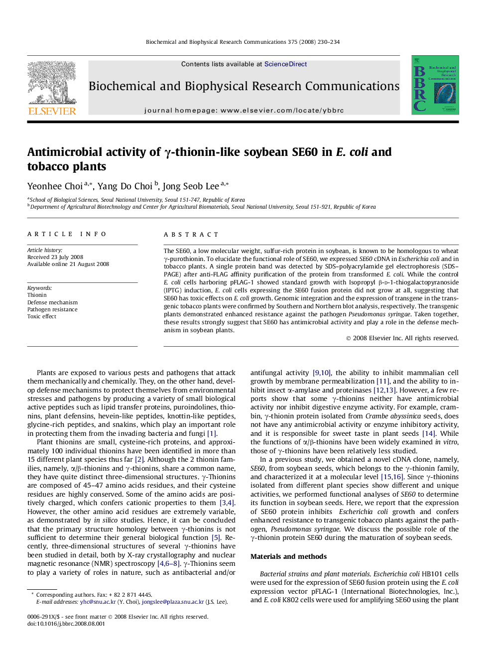 Antimicrobial activity of γ-thionin-like soybean SE60 in E. coli and tobacco plants