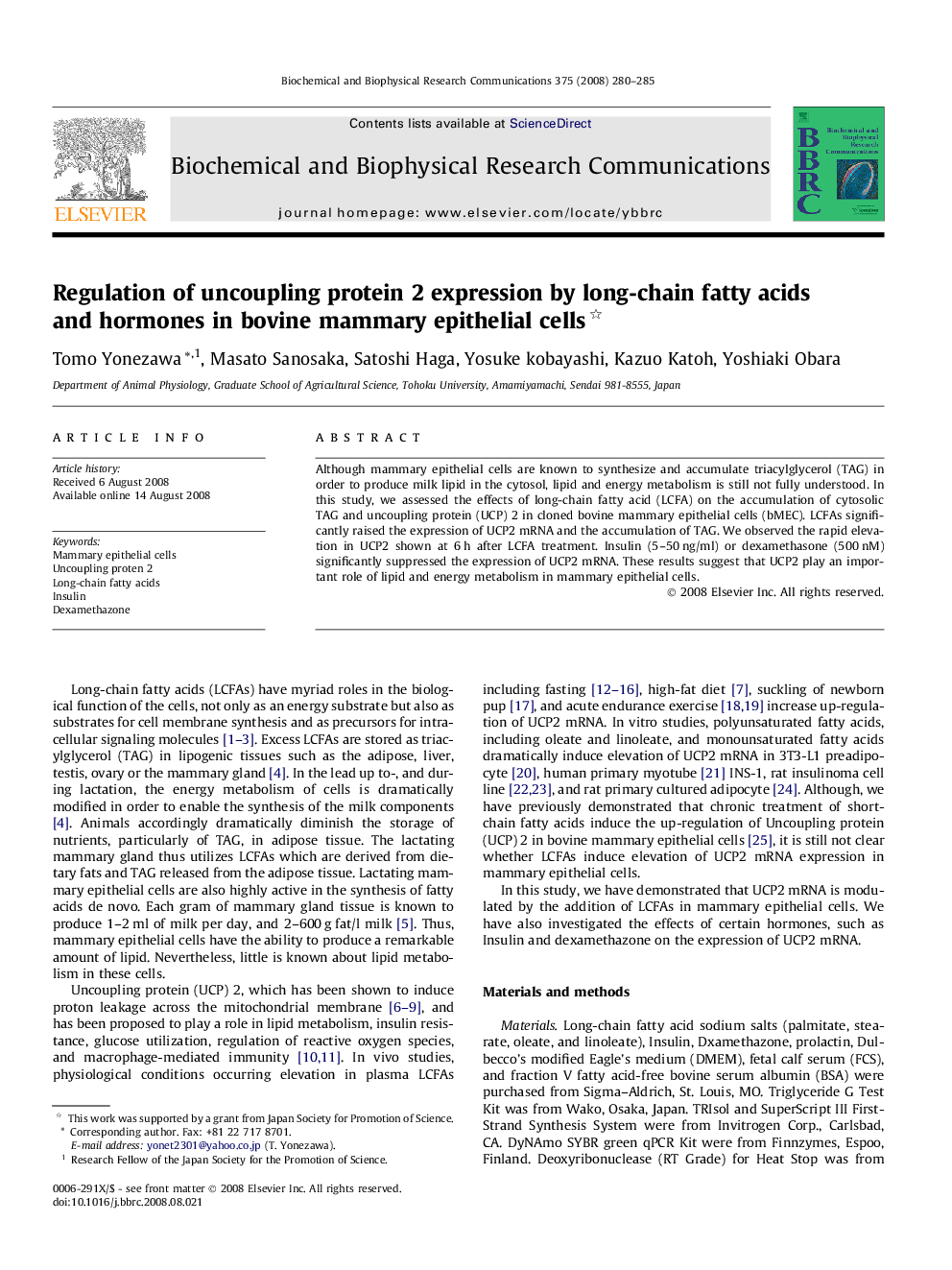 Regulation of uncoupling protein 2 expression by long-chain fatty acids and hormones in bovine mammary epithelial cells 