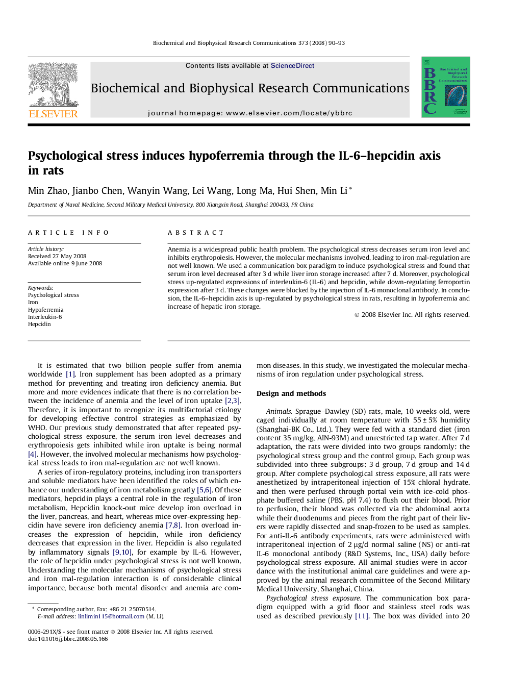 Psychological stress induces hypoferremia through the IL-6–hepcidin axis in rats