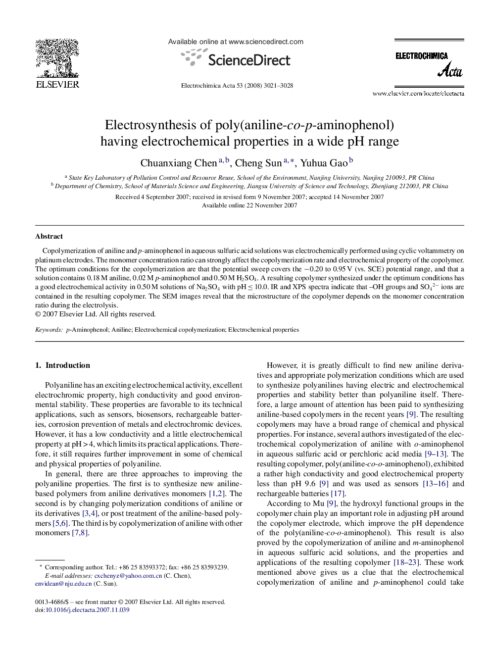 Electrosynthesis of poly(aniline-co-p-aminophenol) having electrochemical properties in a wide pH range