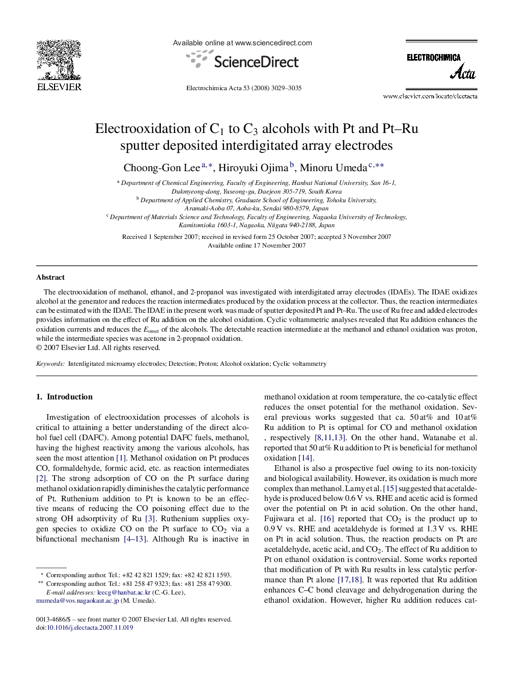 Electrooxidation of C1 to C3 alcohols with Pt and Pt–Ru sputter deposited interdigitated array electrodes