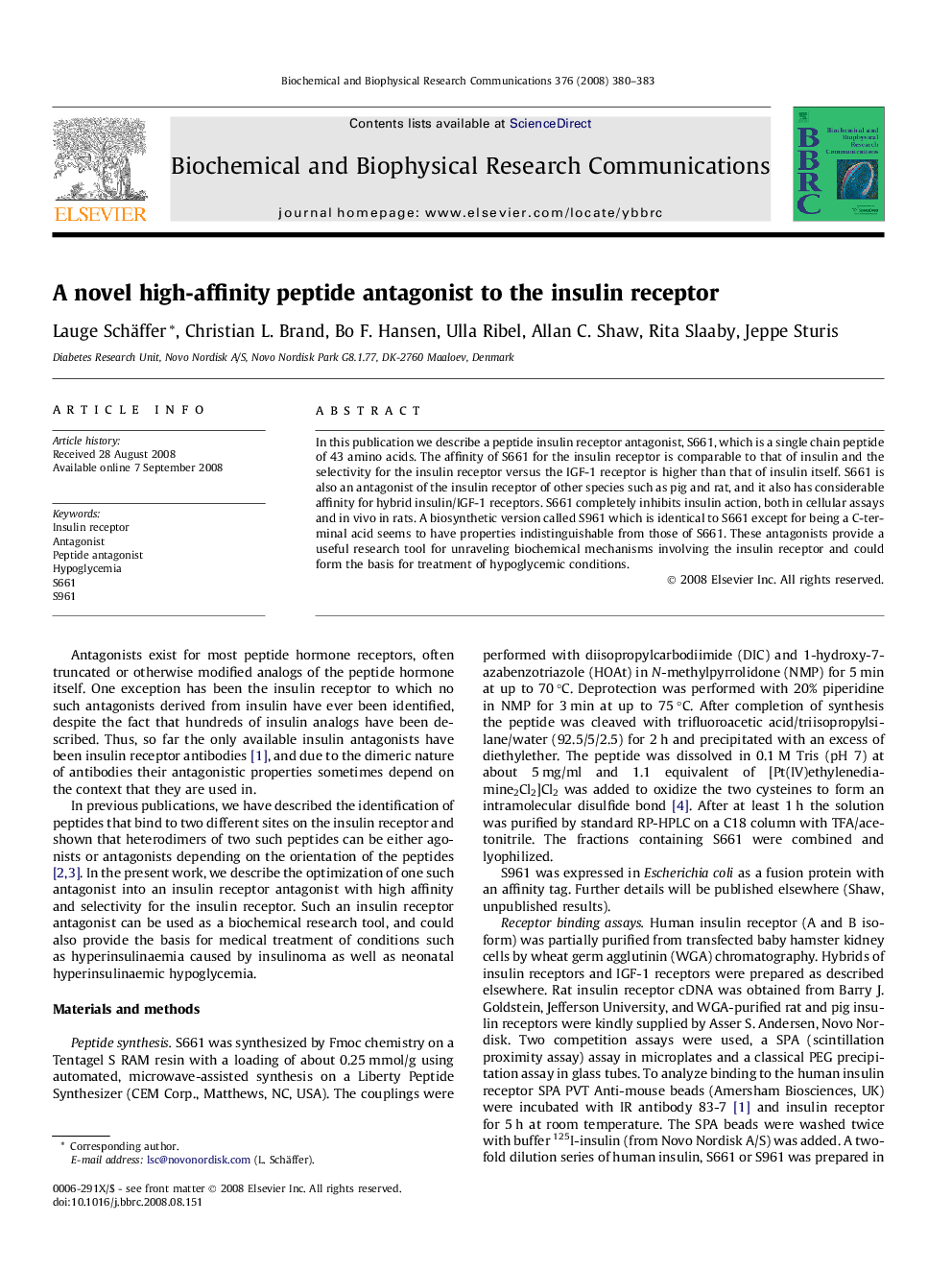 A novel high-affinity peptide antagonist to the insulin receptor