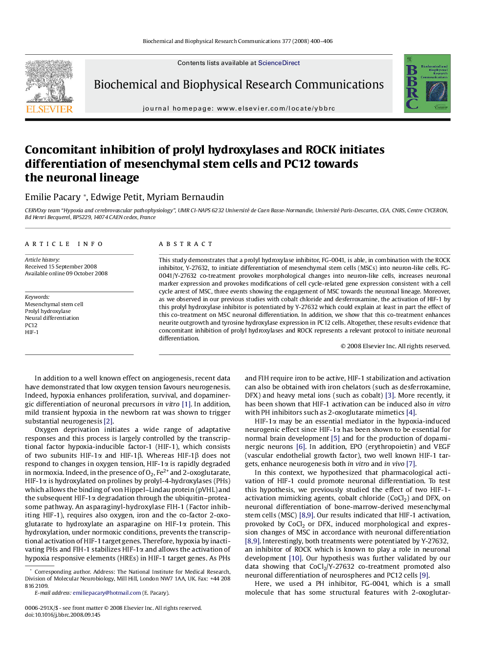 Concomitant inhibition of prolyl hydroxylases and ROCK initiates differentiation of mesenchymal stem cells and PC12 towards the neuronal lineage