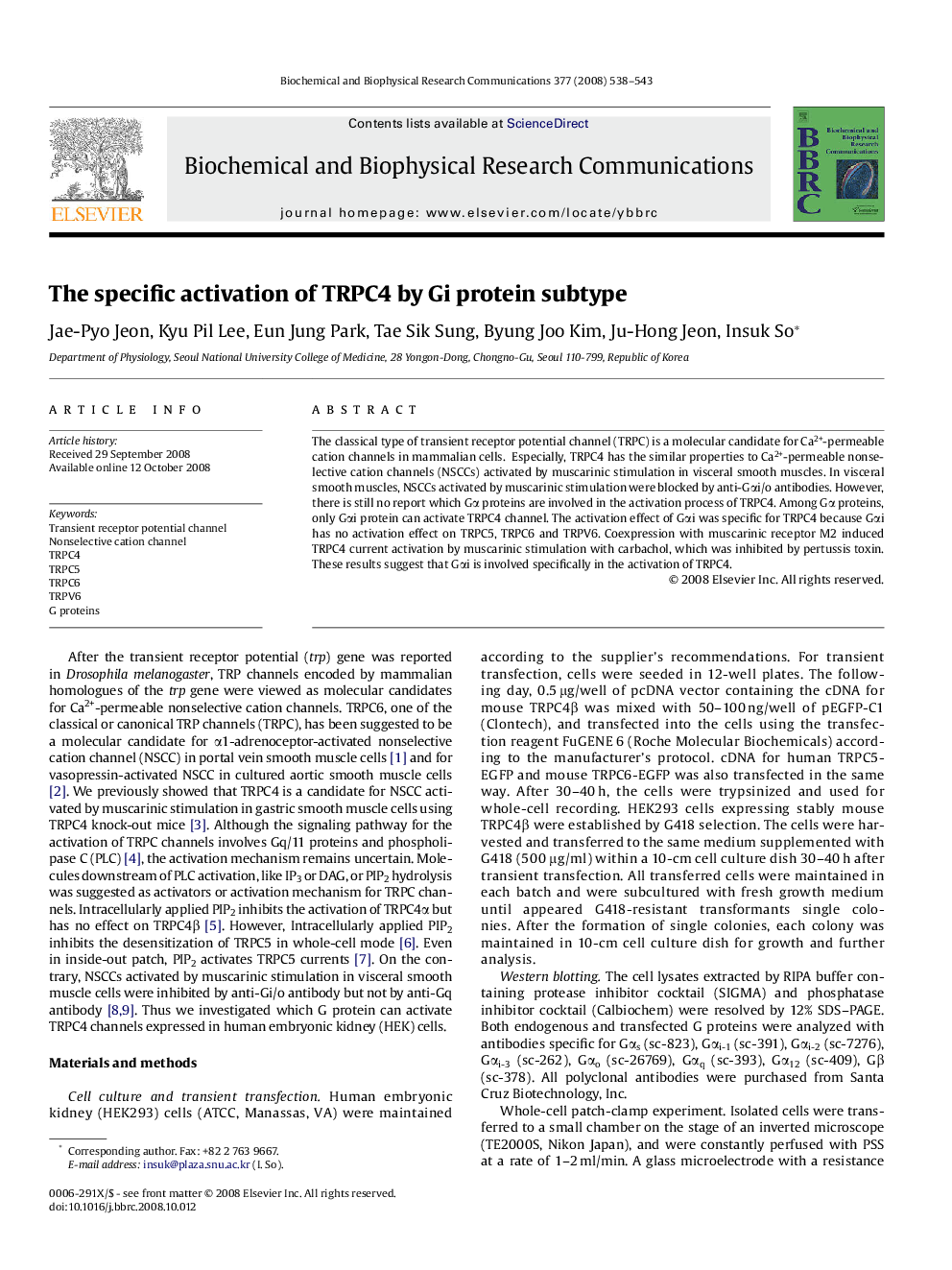 The specific activation of TRPC4 by Gi protein subtype