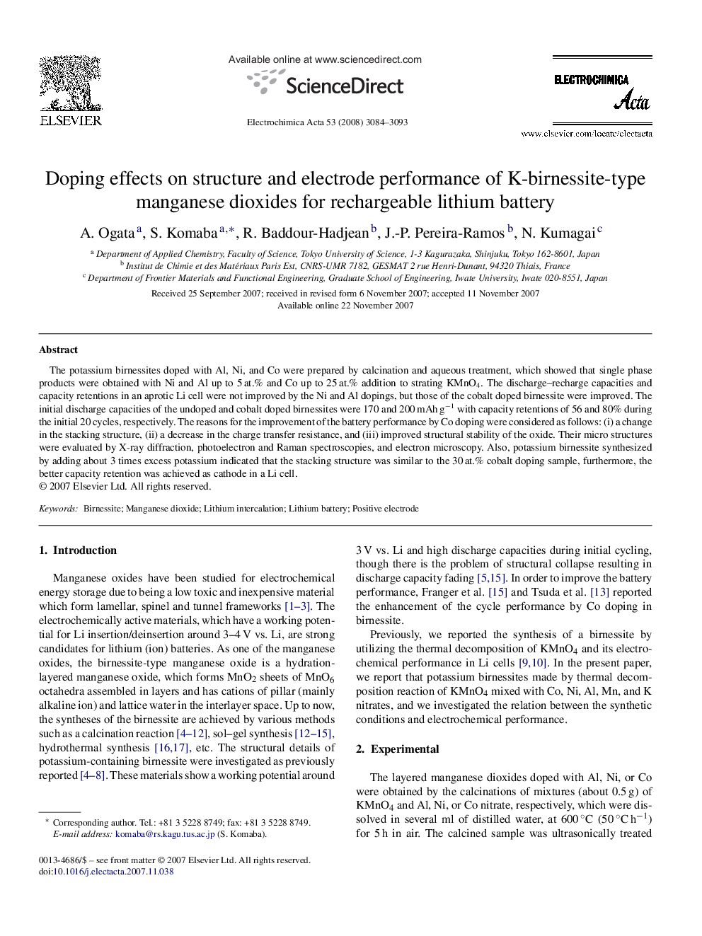 Doping effects on structure and electrode performance of K-birnessite-type manganese dioxides for rechargeable lithium battery