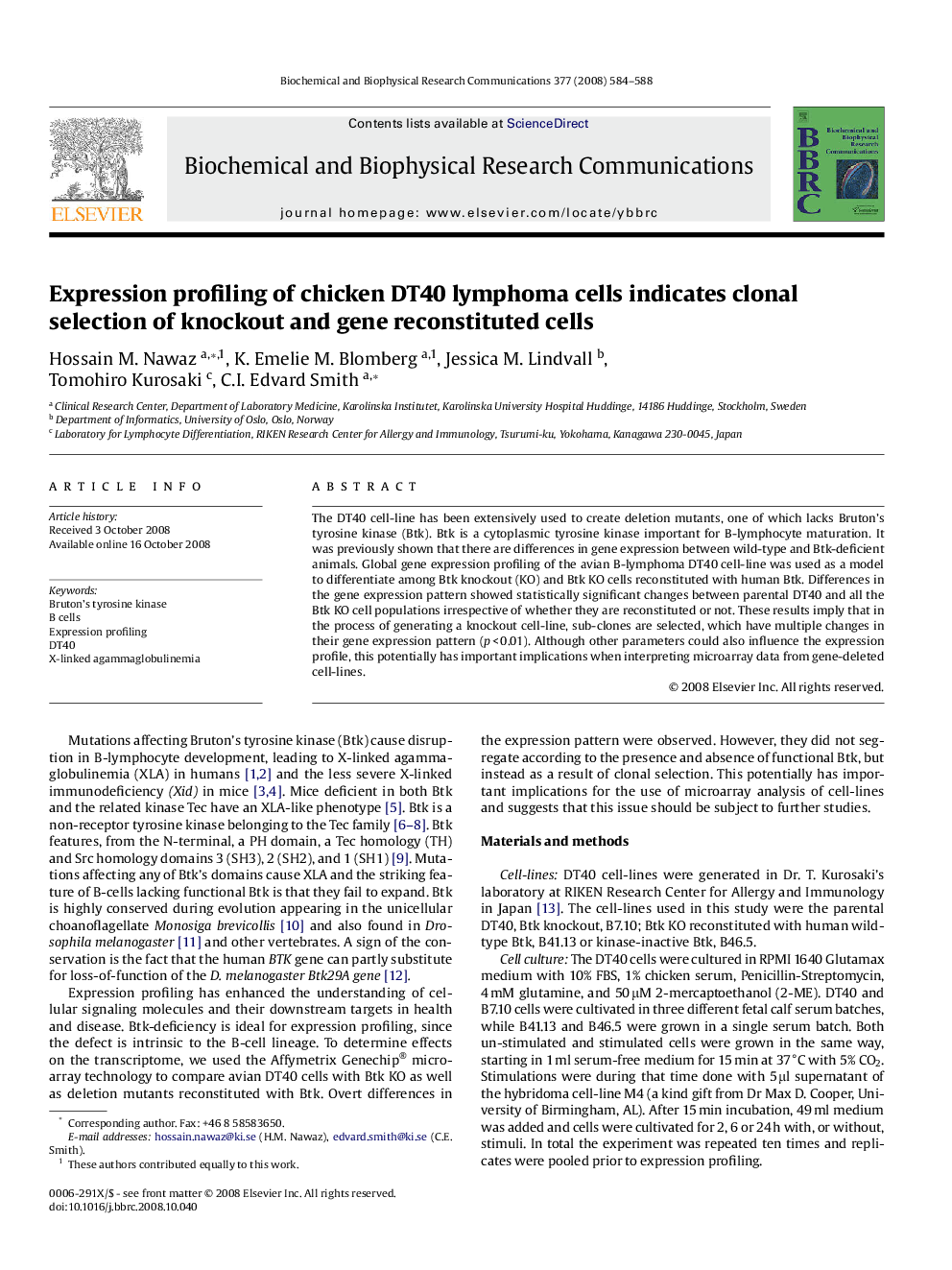 Expression profiling of chicken DT40 lymphoma cells indicates clonal selection of knockout and gene reconstituted cells