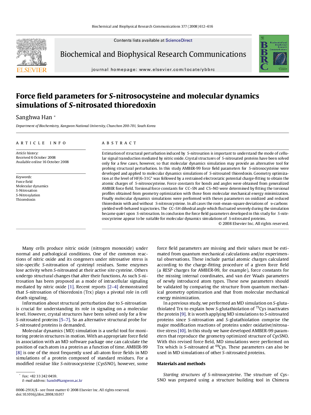 Force field parameters for S-nitrosocysteine and molecular dynamics simulations of S-nitrosated thioredoxin