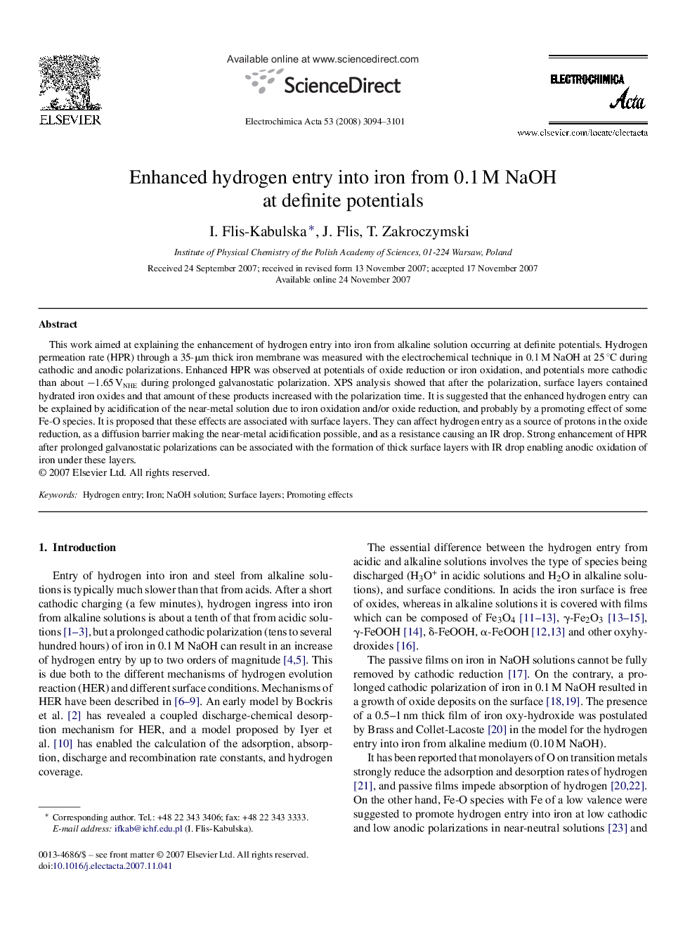 Enhanced hydrogen entry into iron from 0.1 M NaOH at definite potentials