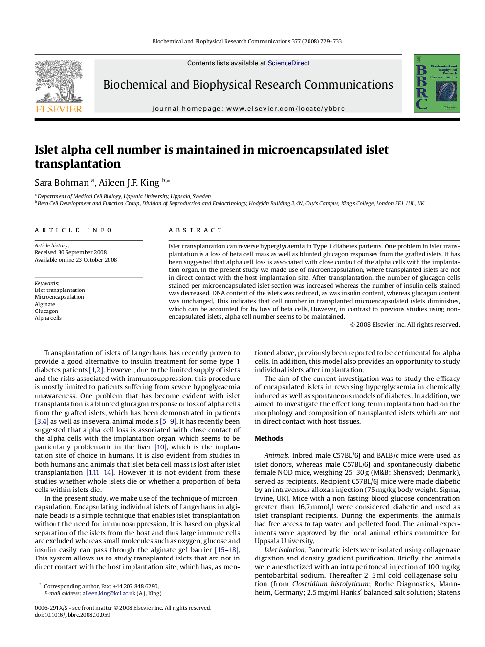 Islet alpha cell number is maintained in microencapsulated islet transplantation