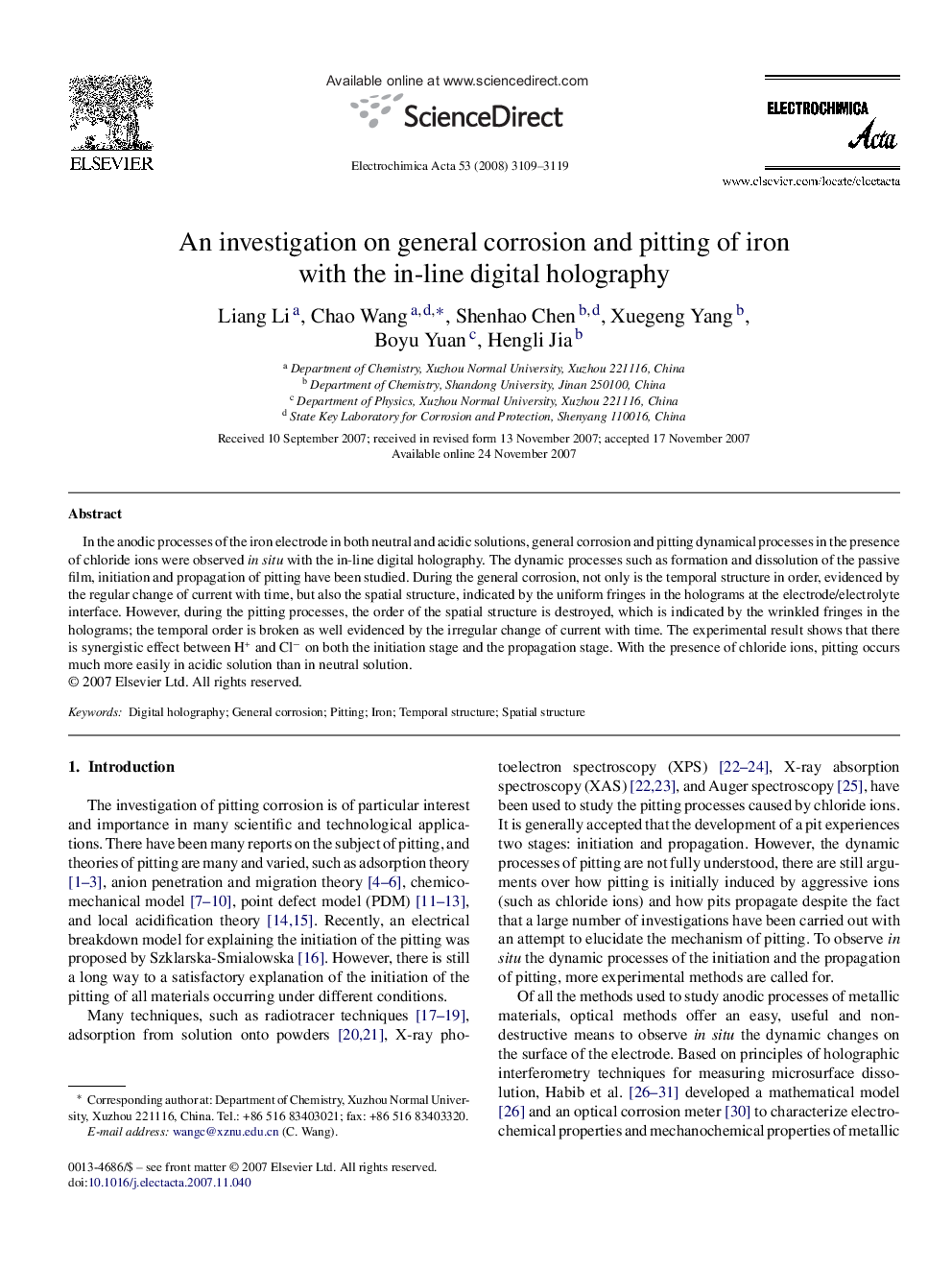 An investigation on general corrosion and pitting of iron with the in-line digital holography