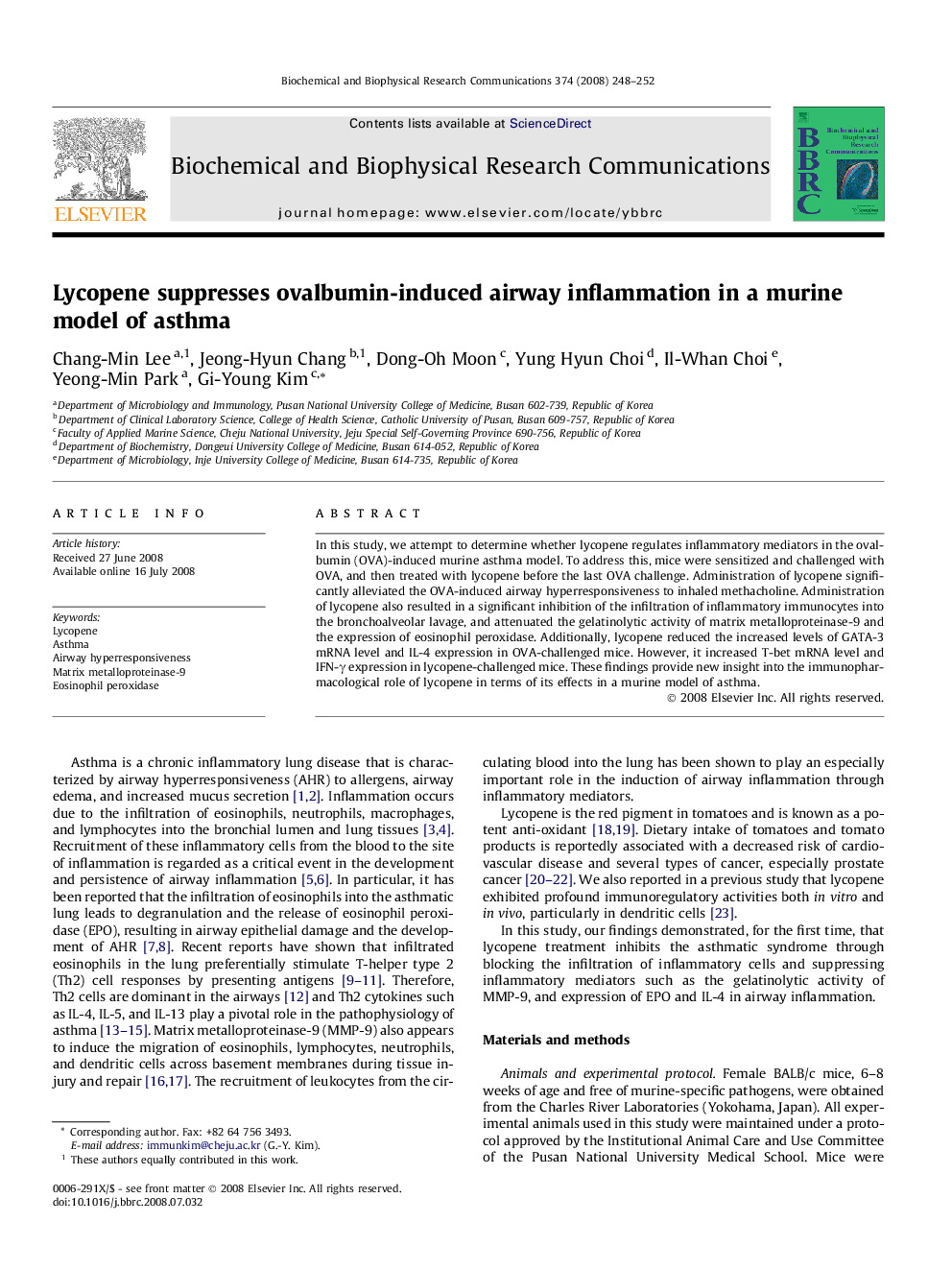 Lycopene suppresses ovalbumin-induced airway inflammation in a murine model of asthma