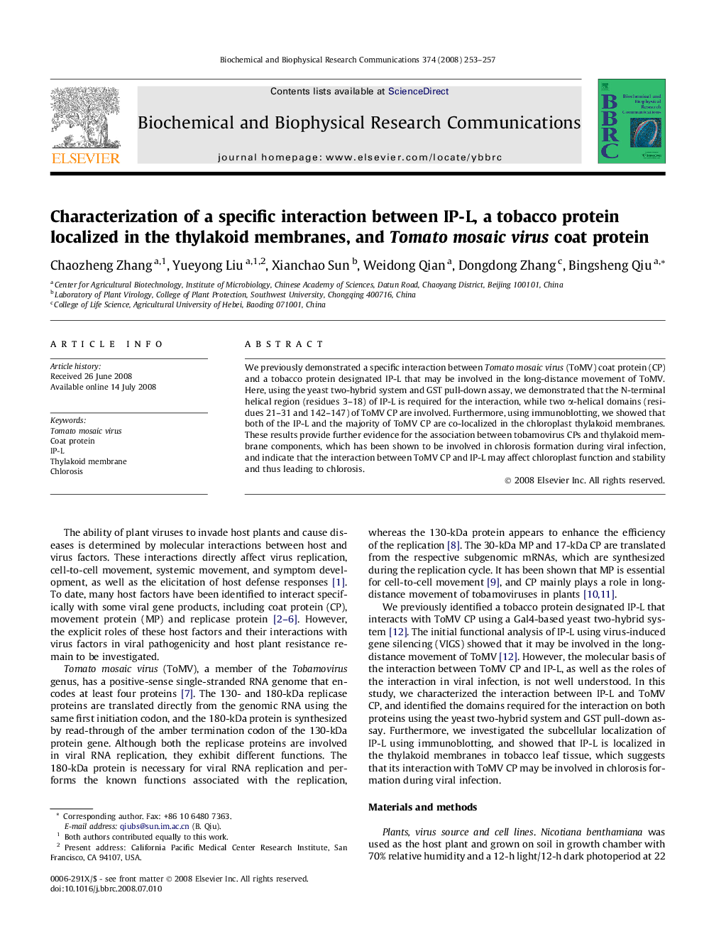 Characterization of a specific interaction between IP-L, a tobacco protein localized in the thylakoid membranes, and Tomato mosaic virus coat protein