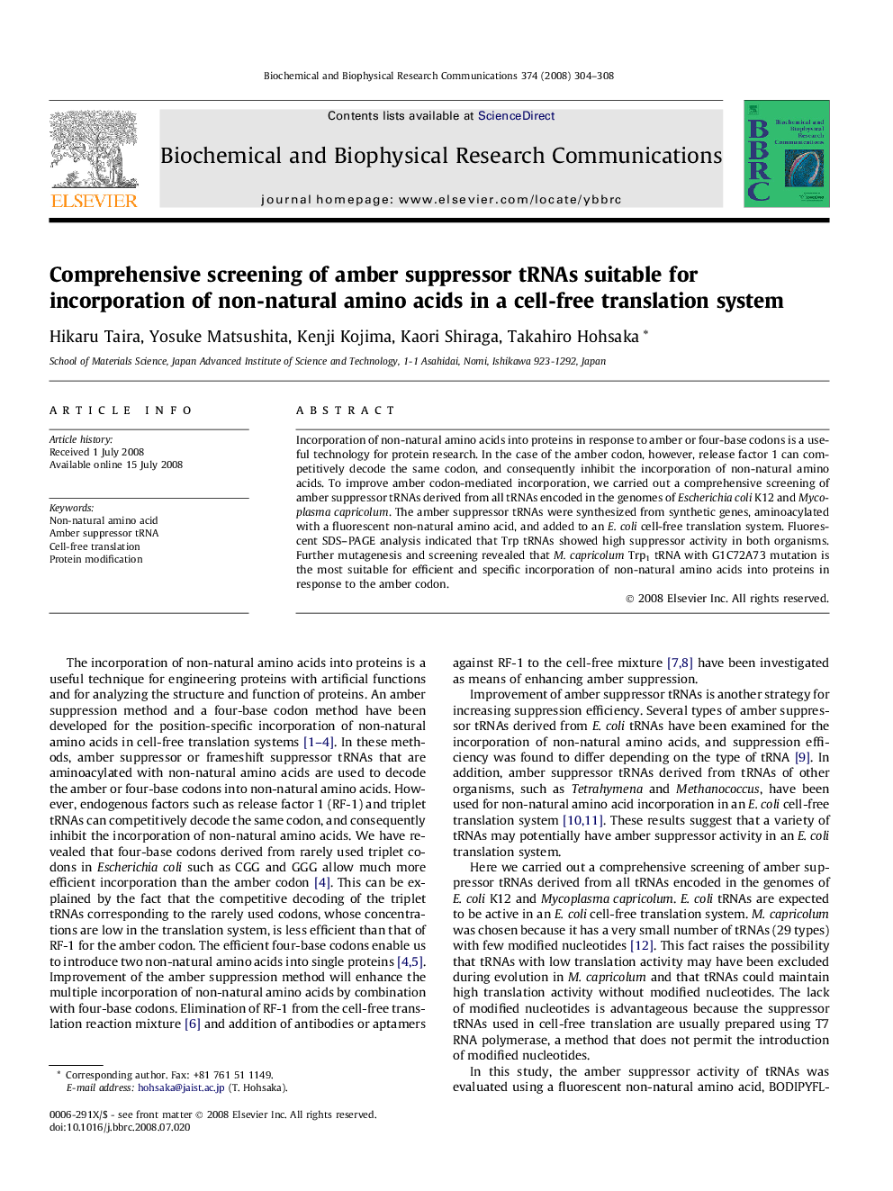 Comprehensive screening of amber suppressor tRNAs suitable for incorporation of non-natural amino acids in a cell-free translation system