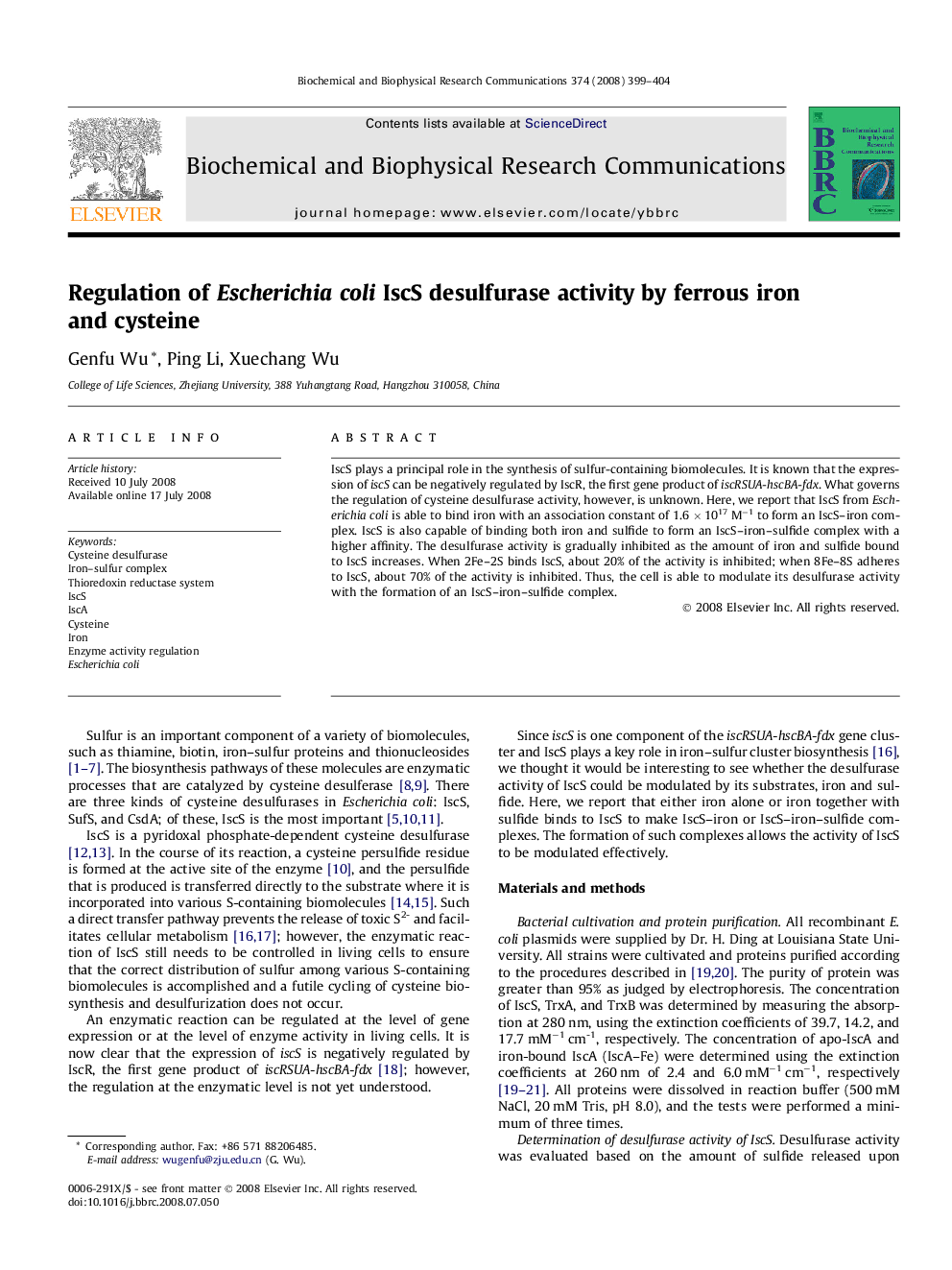 Regulation of Escherichia coli IscS desulfurase activity by ferrous iron and cysteine