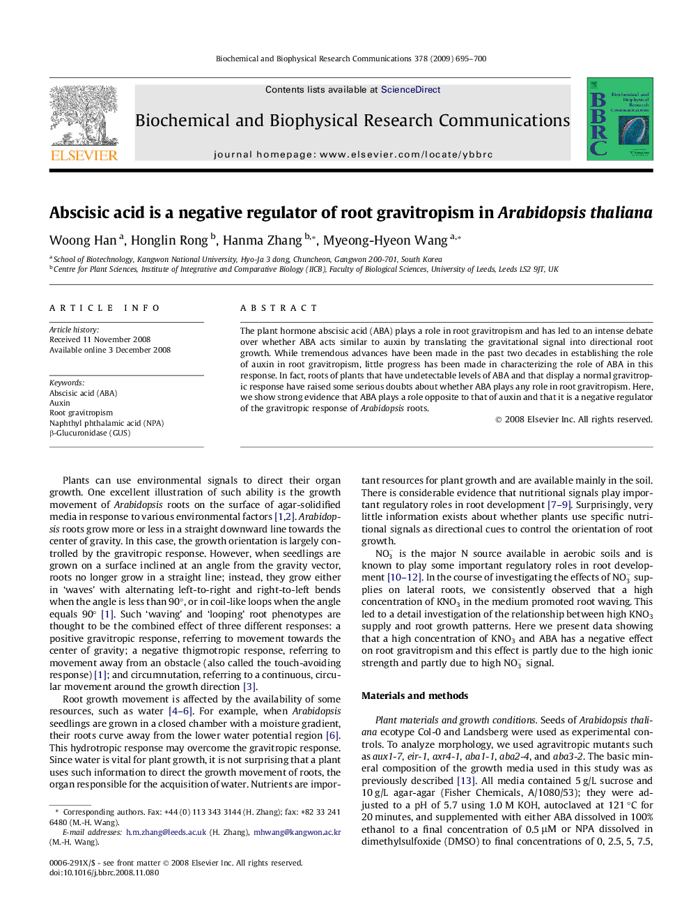 Abscisic acid is a negative regulator of root gravitropism in Arabidopsis thaliana