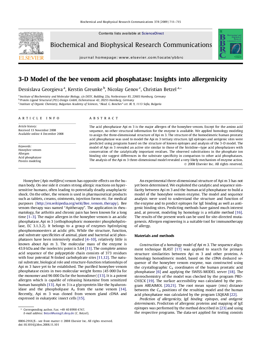 3-D Model of the bee venom acid phosphatase: Insights into allergenicity