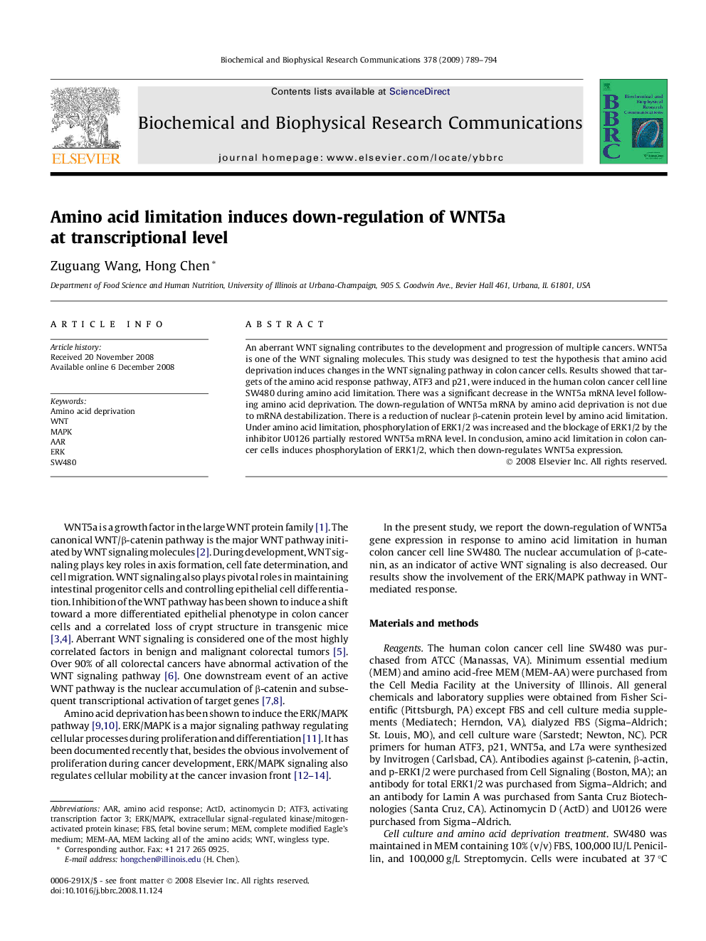 Amino acid limitation induces down-regulation of WNT5a at transcriptional level