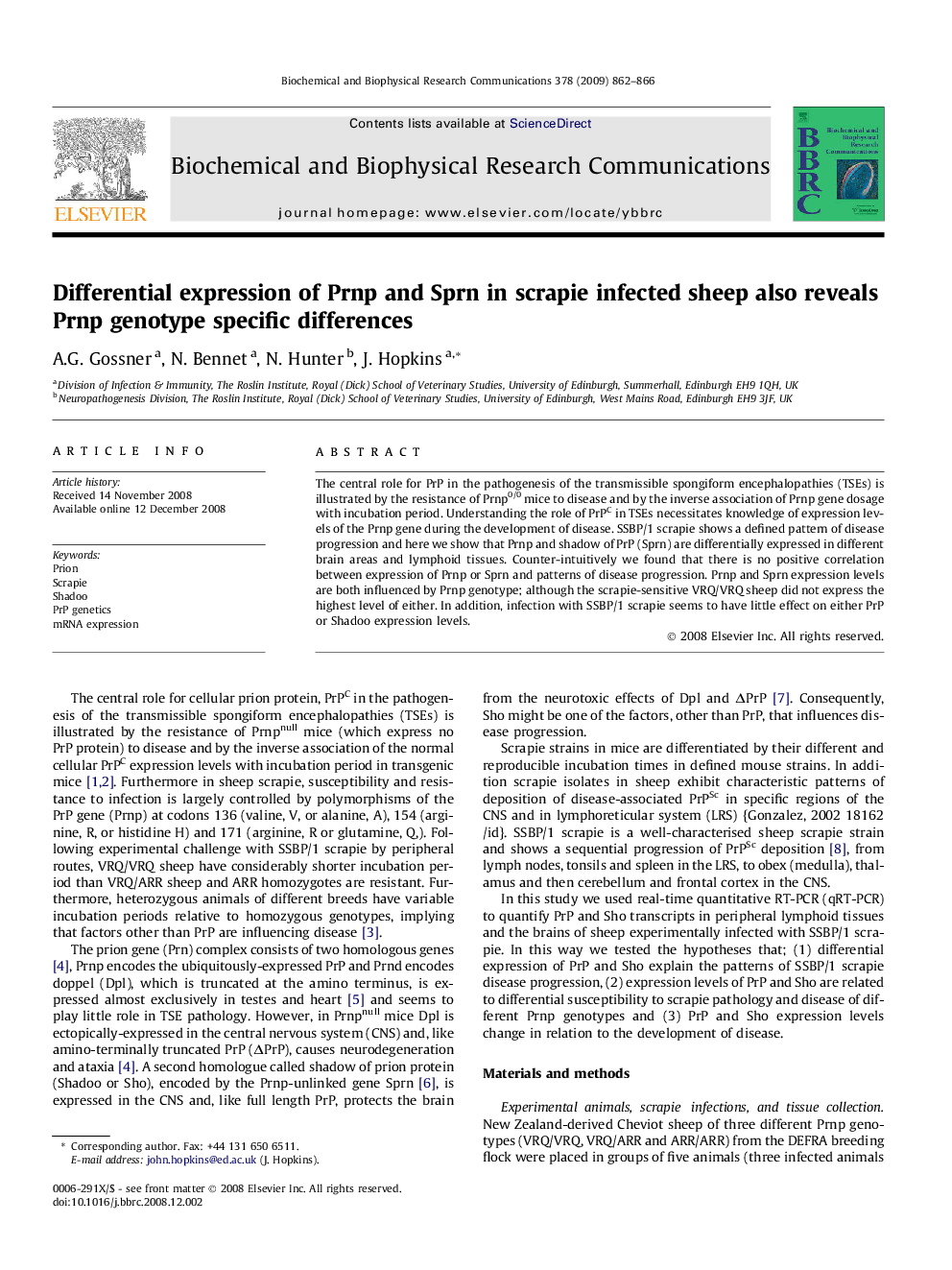 Differential expression of Prnp and Sprn in scrapie infected sheep also reveals Prnp genotype specific differences