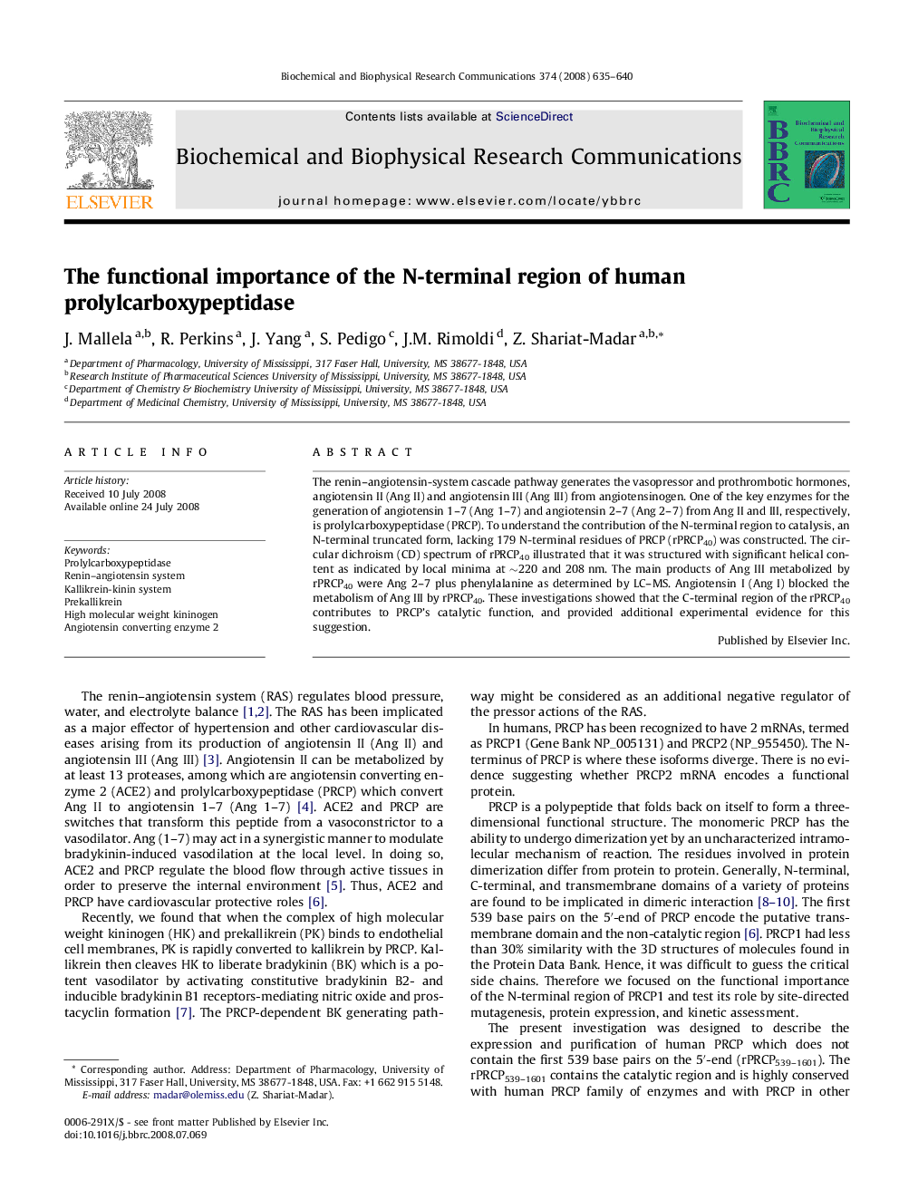 The functional importance of the N-terminal region of human prolylcarboxypeptidase