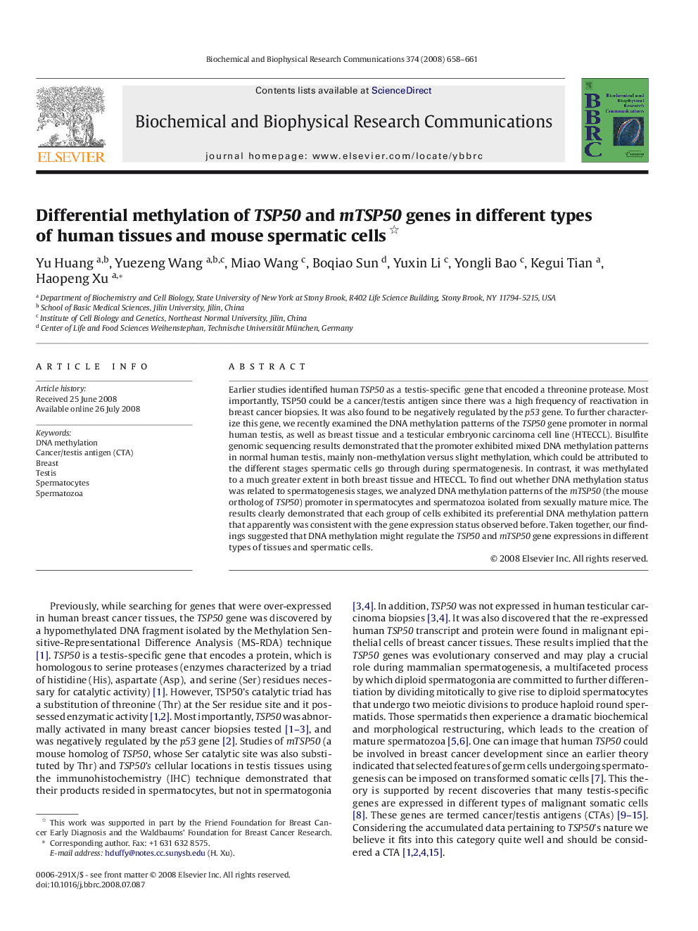 Differential methylation of TSP50 and mTSP50 genes in different types of human tissues and mouse spermatic cells 