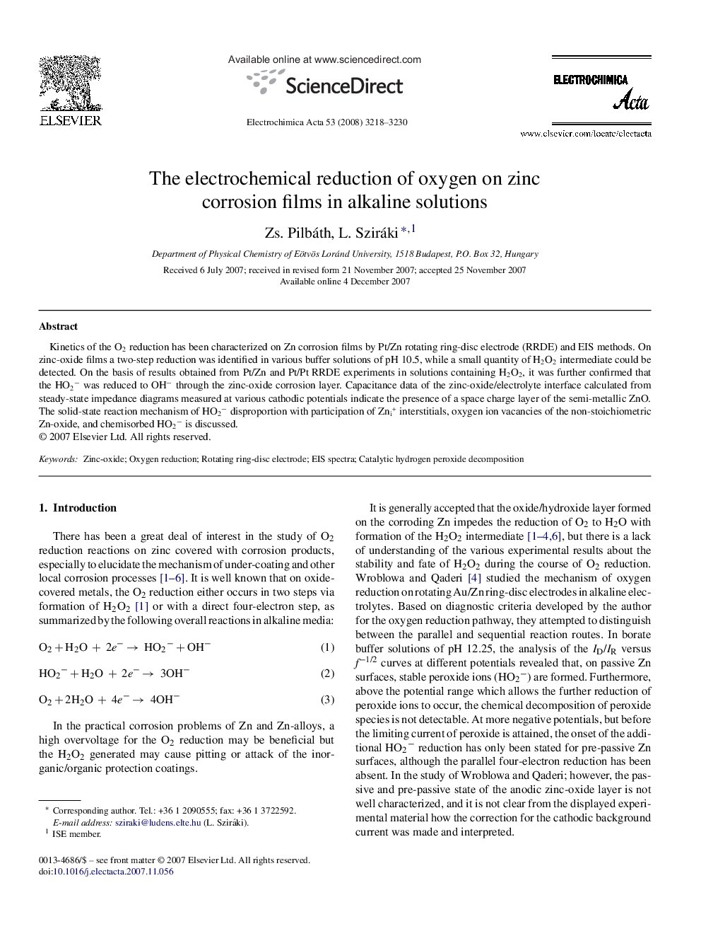 The electrochemical reduction of oxygen on zinc corrosion films in alkaline solutions