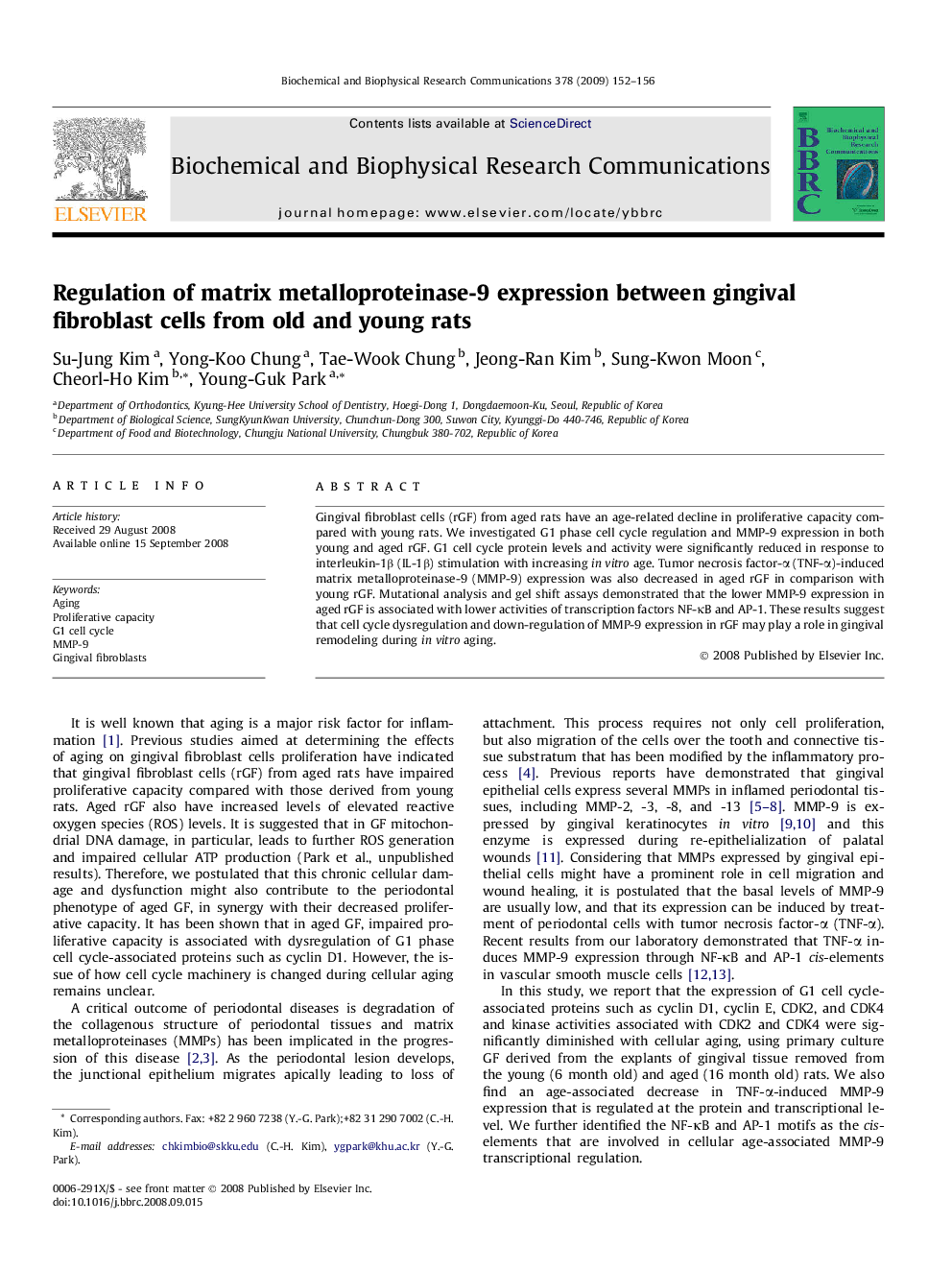 Regulation of matrix metalloproteinase-9 expression between gingival fibroblast cells from old and young rats