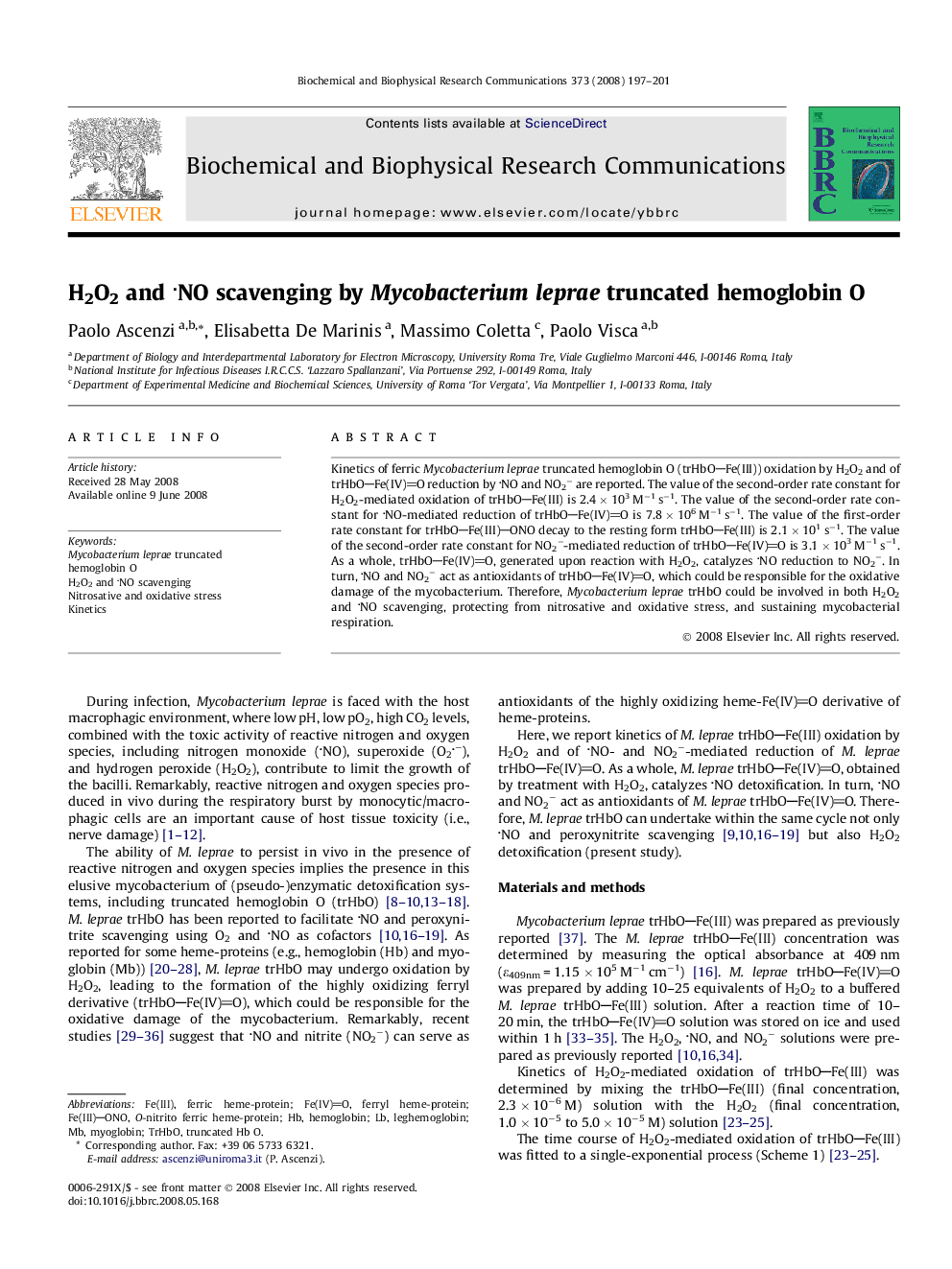 H2O2 and NO scavenging by Mycobacterium leprae truncated hemoglobin O