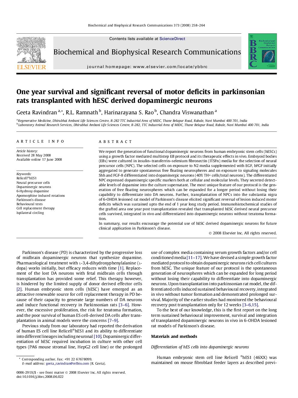 One year survival and significant reversal of motor deficits in parkinsonian rats transplanted with hESC derived dopaminergic neurons