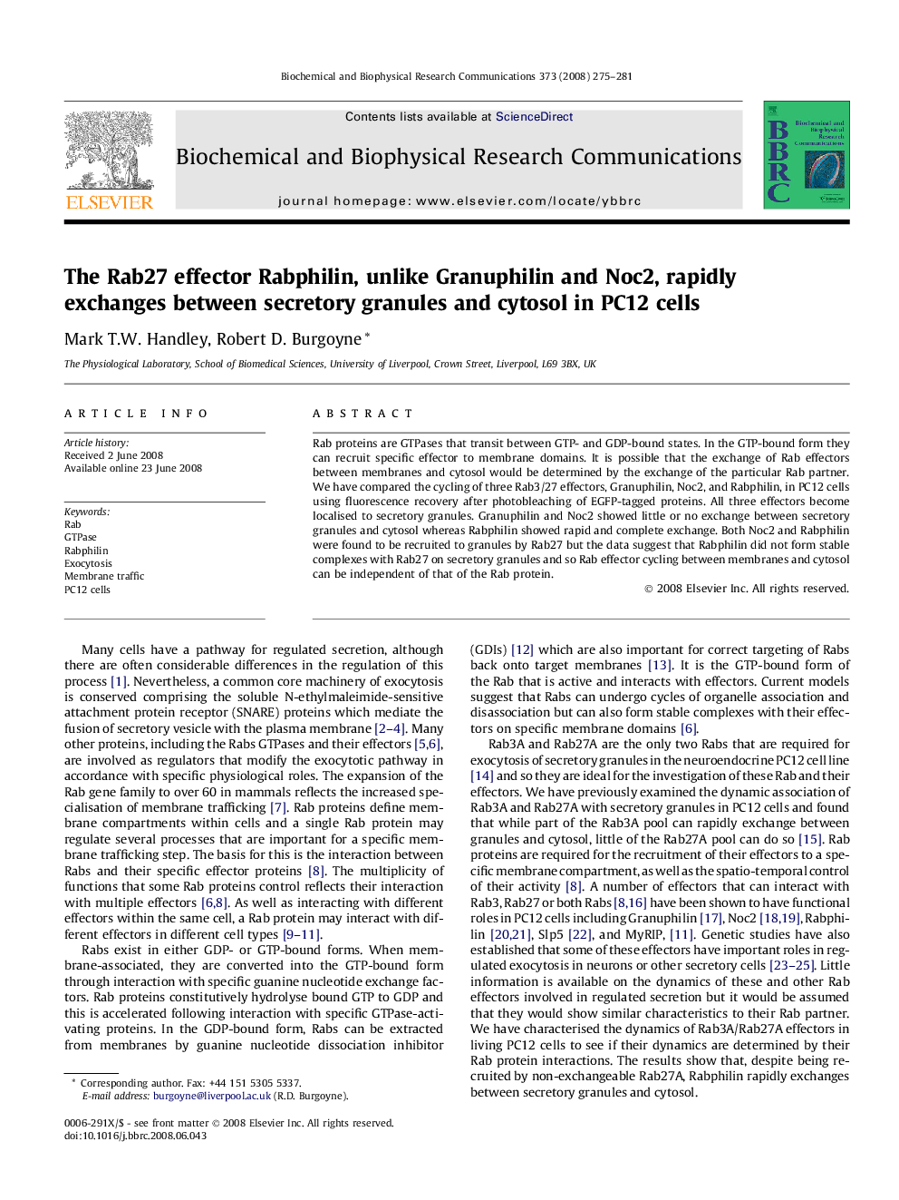 The Rab27 effector Rabphilin, unlike Granuphilin and Noc2, rapidly exchanges between secretory granules and cytosol in PC12 cells