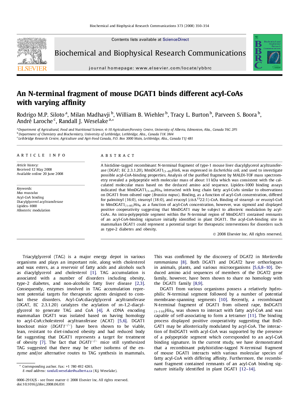 An N-terminal fragment of mouse DGAT1 binds different acyl-CoAs with varying affinity