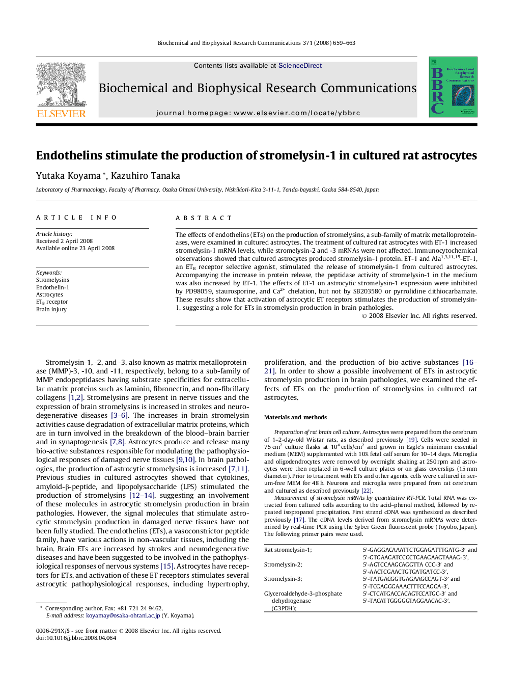 Endothelins stimulate the production of stromelysin-1 in cultured rat astrocytes