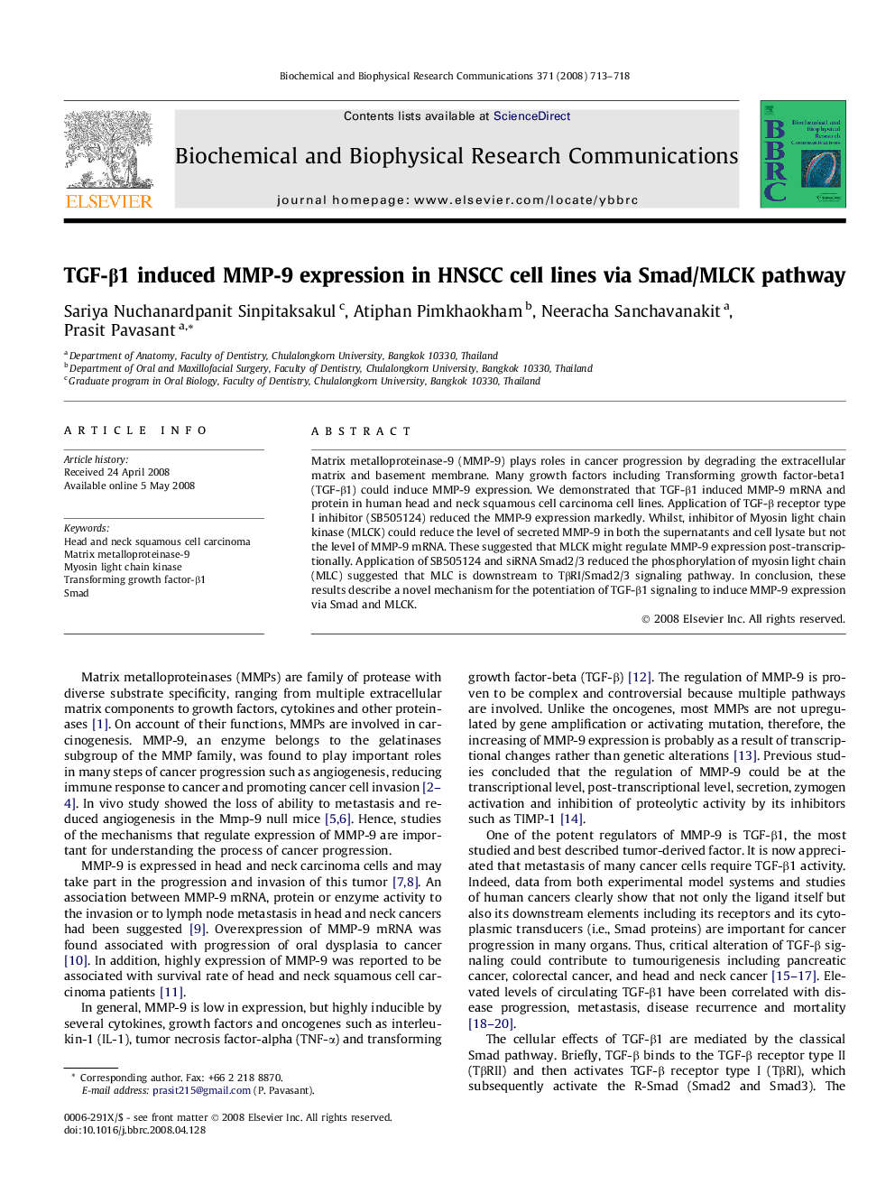 TGF-β1 induced MMP-9 expression in HNSCC cell lines via Smad/MLCK pathway