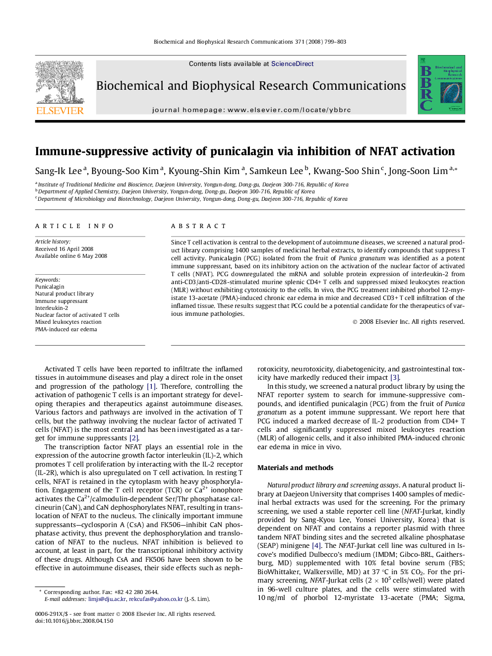 Immune-suppressive activity of punicalagin via inhibition of NFAT activation