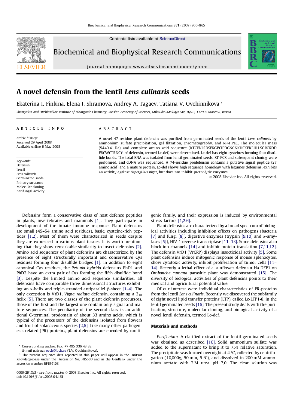 A novel defensin from the lentil Lens culinaris seeds