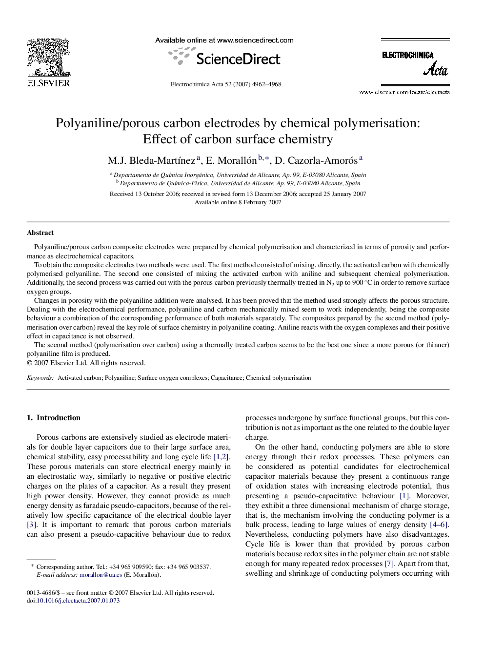 Polyaniline/porous carbon electrodes by chemical polymerisation: Effect of carbon surface chemistry