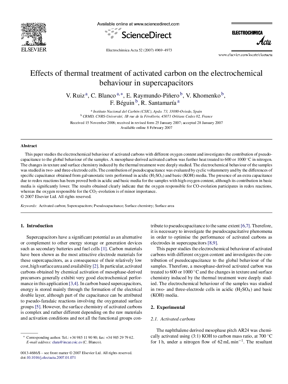 Effects of thermal treatment of activated carbon on the electrochemical behaviour in supercapacitors