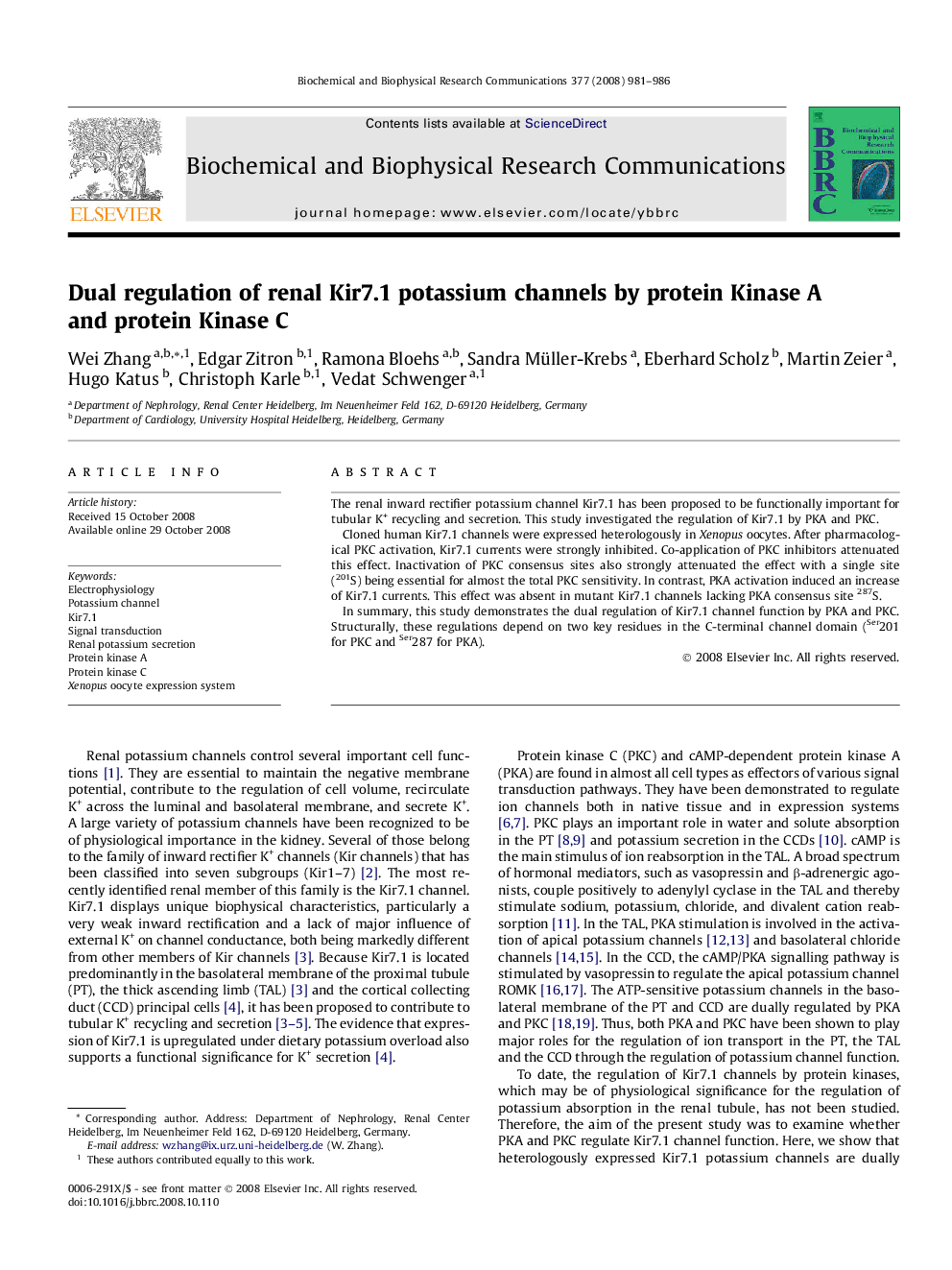 Dual regulation of renal Kir7.1 potassium channels by protein Kinase A and protein Kinase C