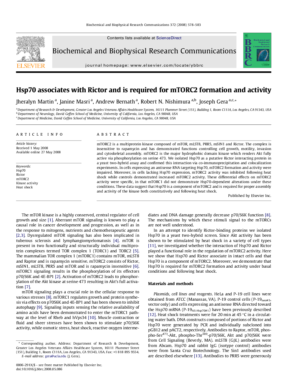 Hsp70 associates with Rictor and is required for mTORC2 formation and activity